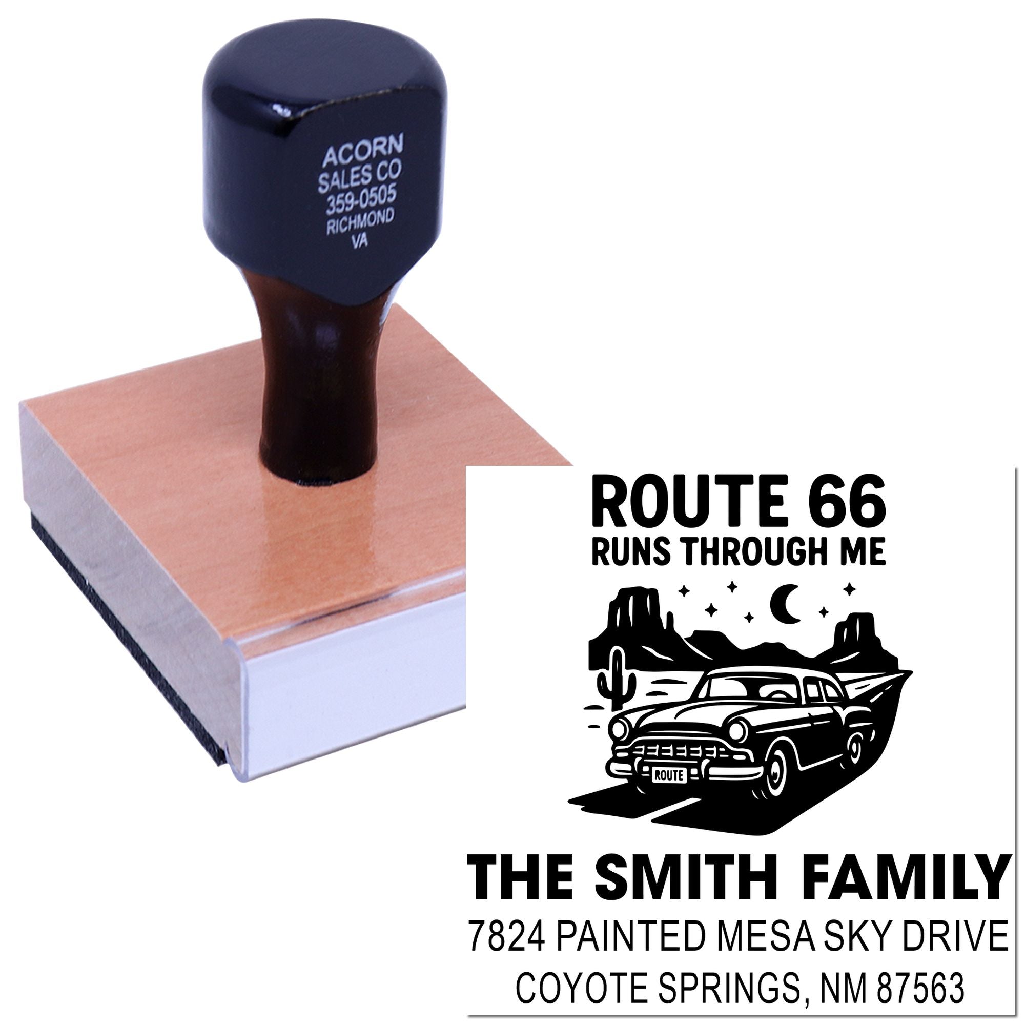 Custom rubber address stamp with Route 66 design, showing personalized family return address imprint.