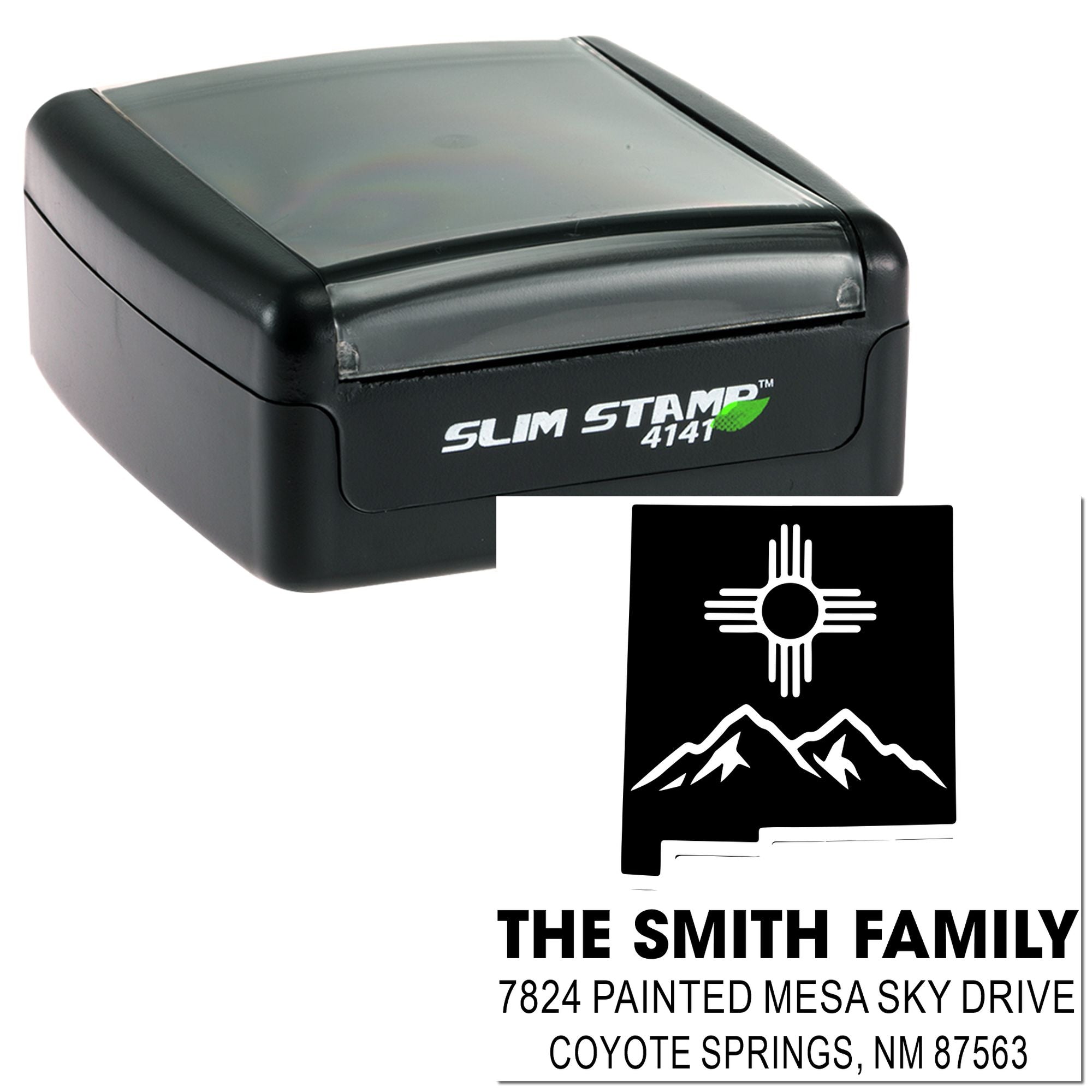 Custom Slim Stamp 4141 self-inking address rubber stamp with The Smith Family return address and New Mexico logo