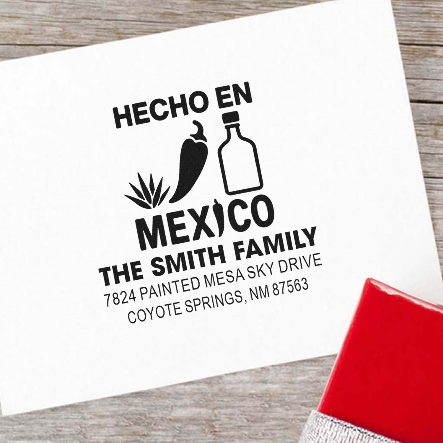 Hecho en Mexico custom return address rubber stamp for The Smith Family with chili pepper and bottle design