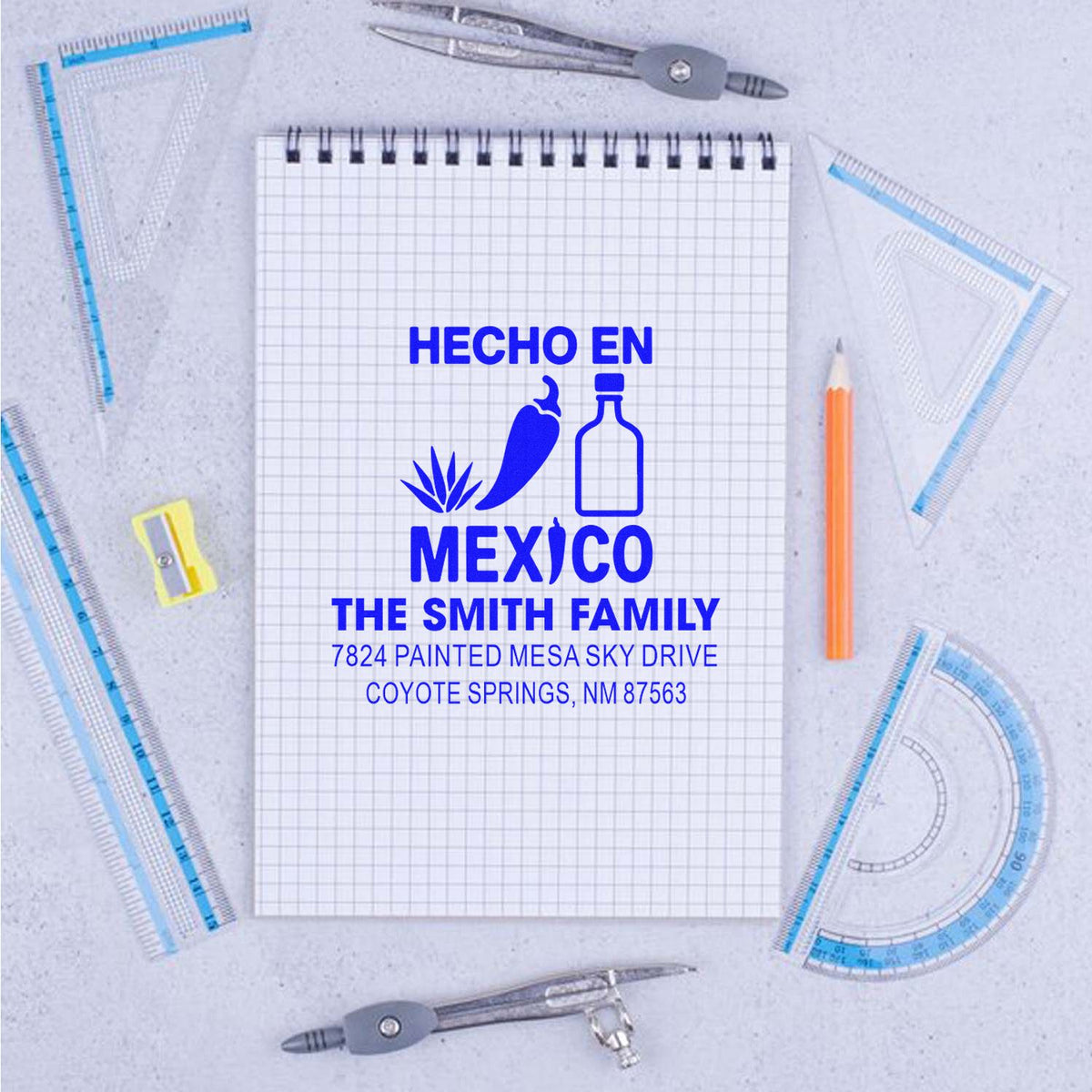Personalized rubber stamp design reading "Hecho en Mexico" for The Smith Family with address, agave, chili, and bottle icons.