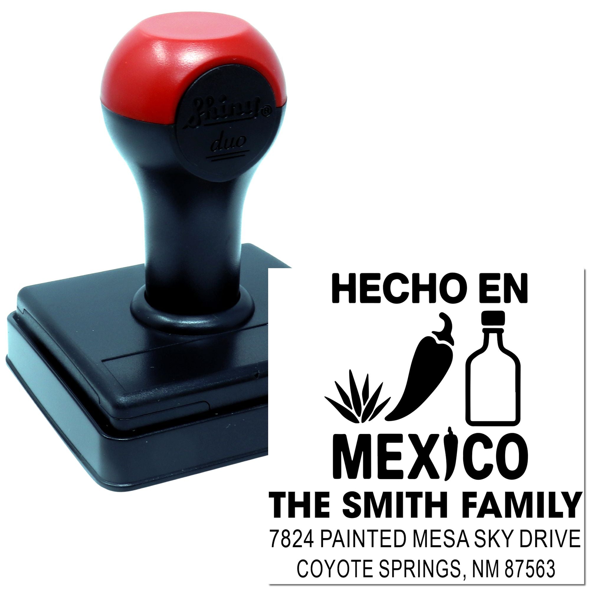 Custom self-inking rubber stamp for return address, featuring Hecho en Mexico design and Smith family details.