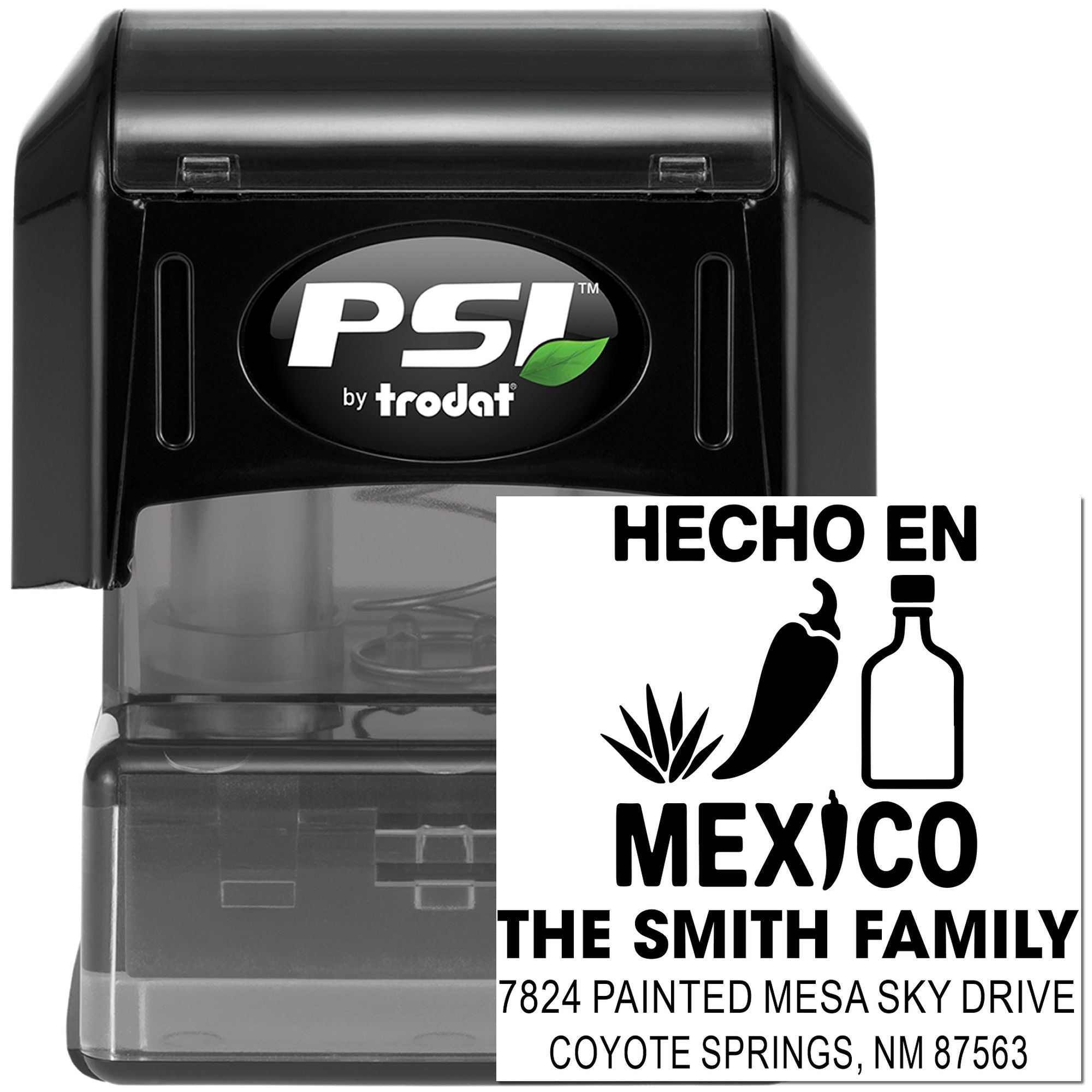 PSI by Trodat self-inking custom return address rubber stamp with Hecho en Mexico design for The Smith Family.
