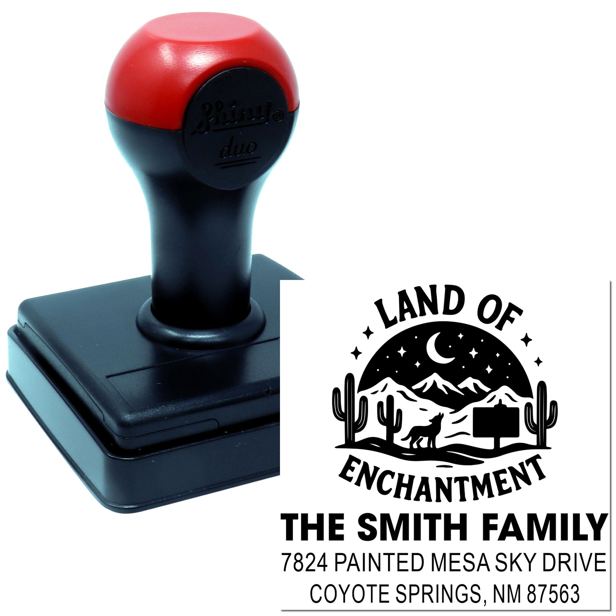 Custom self-inking address rubber stamp with desert-themed return address for The Smith Family