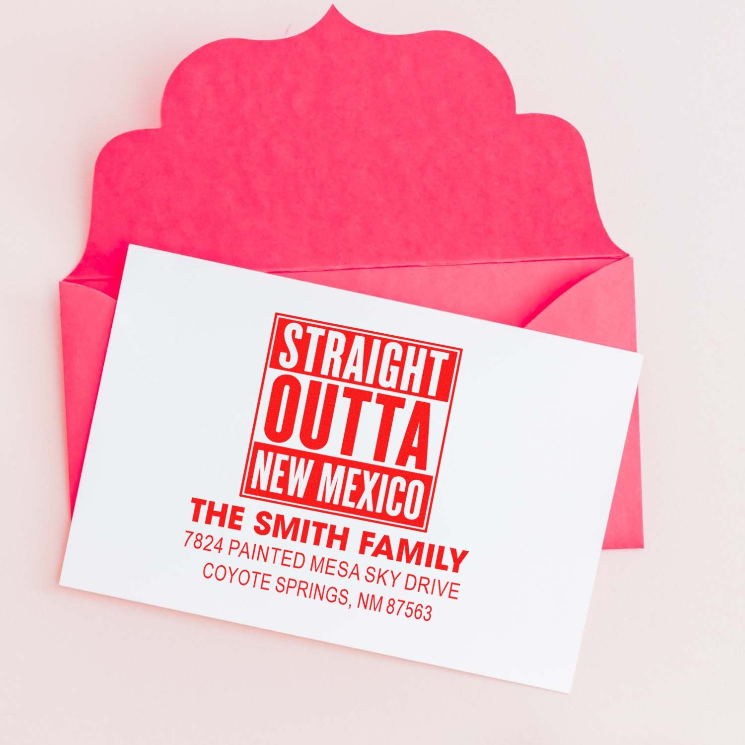 Custom return address rubber stamp with Straight Outta New Mexico design for family envelopes and stationery.
Straight Outta New Mexico custom address rubber stamp on envelope, ideal for personalized mail and family stationery.
Personalized return address stamp featuring Straight Outta New Mexico and The Smith Family for mailing envelopes.