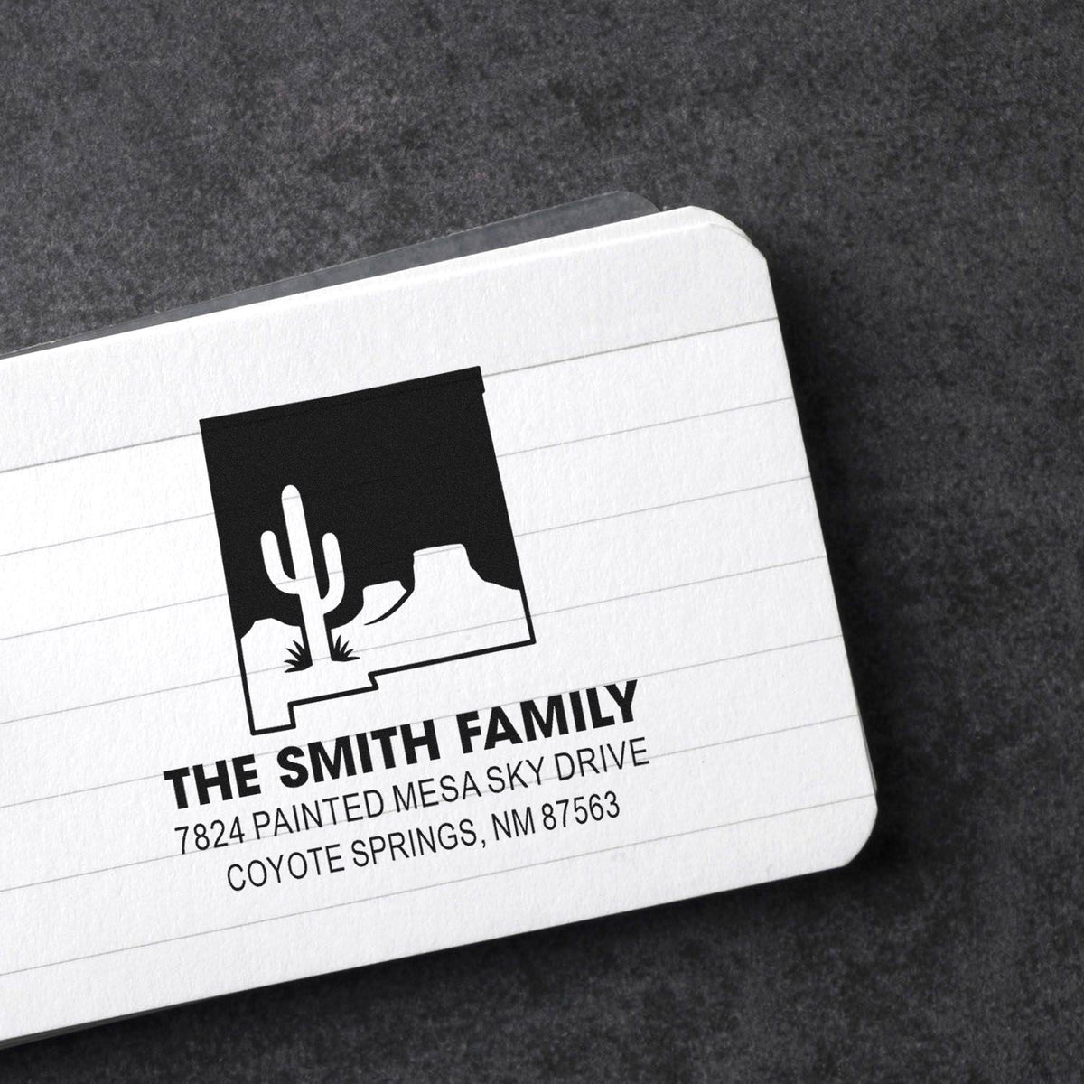 Custom return address rubber stamp with cactus logo for The Smith Family, Coyote Springs, NM