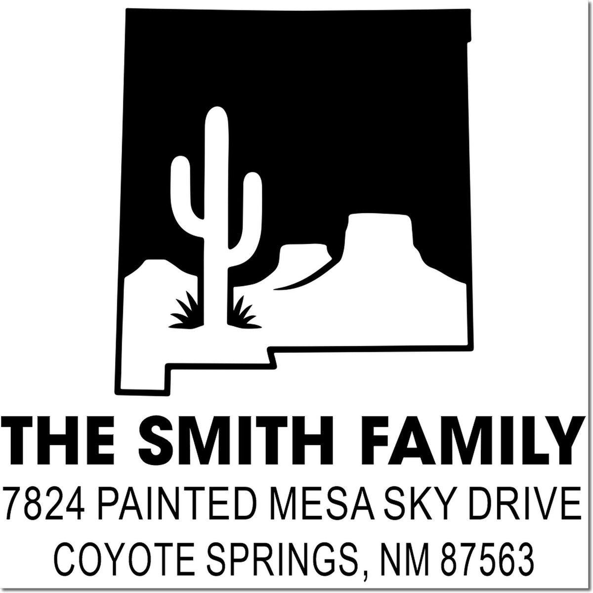 Custom return address rubber stamp for The Smith Family, Coyote Springs, NM, with desert cactus logo.