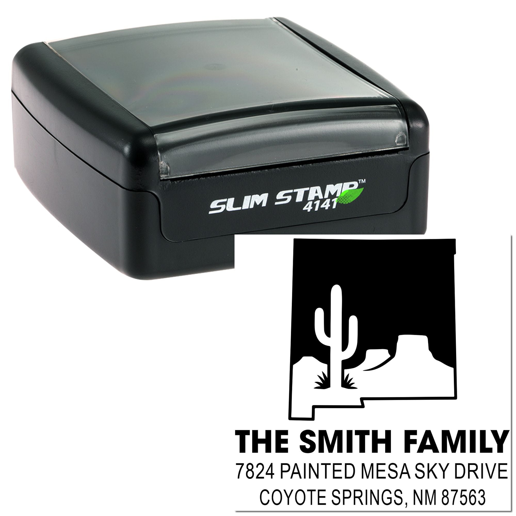Self-inking Slim Stamp 4141 custom address rubber stamp with Smith Family Southwest design for mailing envelopes.