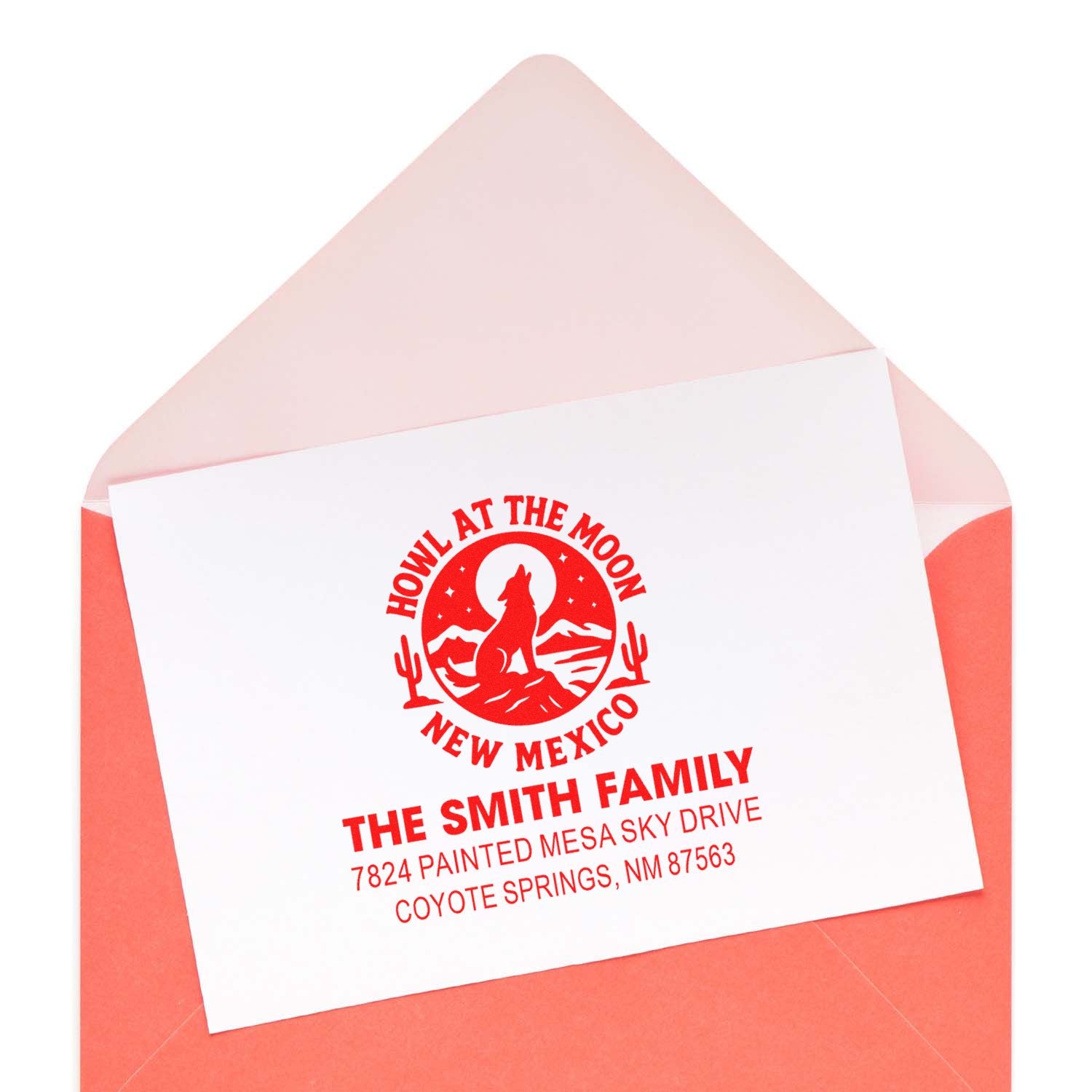 Custom return address rubber stamp on envelope featuring Howl at the Moon New Mexico design for The Smith Family.