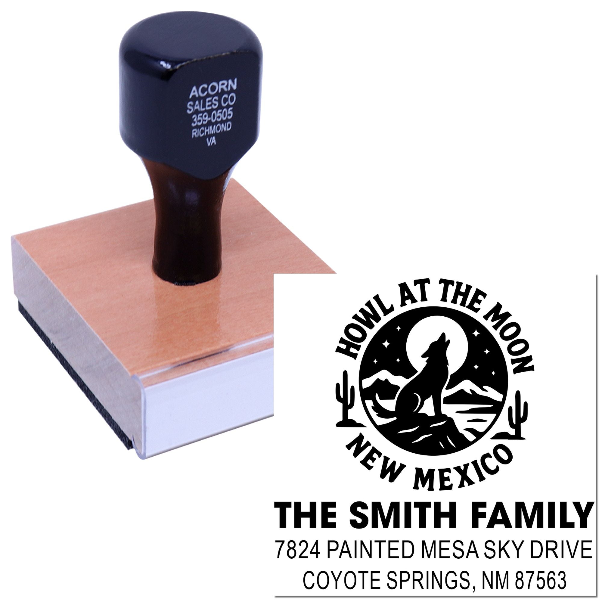 Personalized address rubber stamp with custom Howl at the Moon New Mexico family logo and return address.