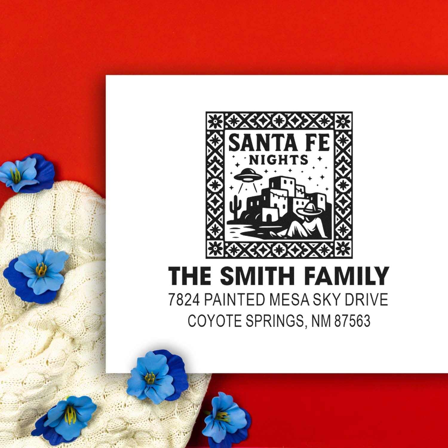 Personalized Santa Fe Nights return address rubber stamp for The Smith Family, Coyote Springs, NM home mailing label.