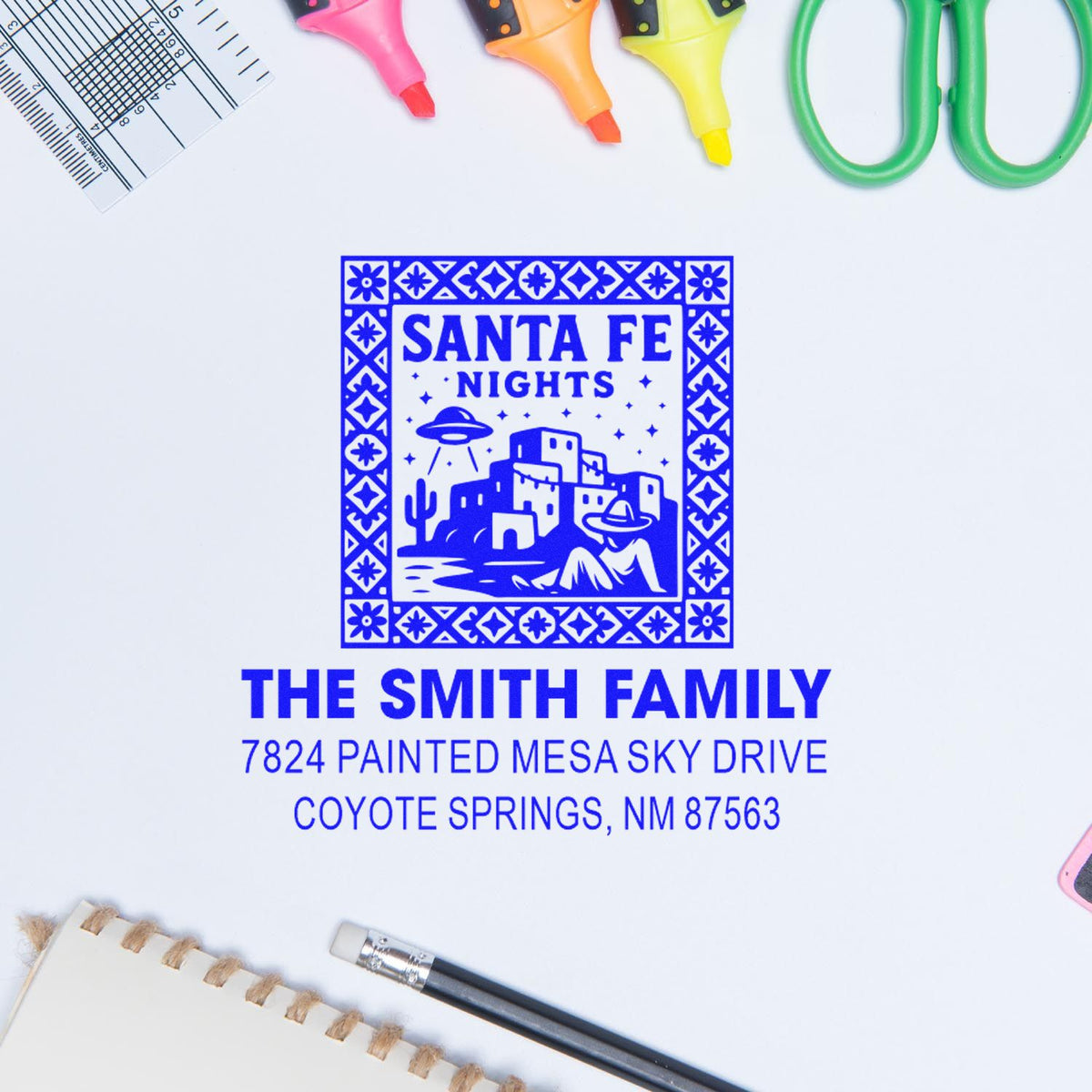 Custom rubber address stamp with Santa Fe Nights design for The Smith Family personalized stationery and mail.
