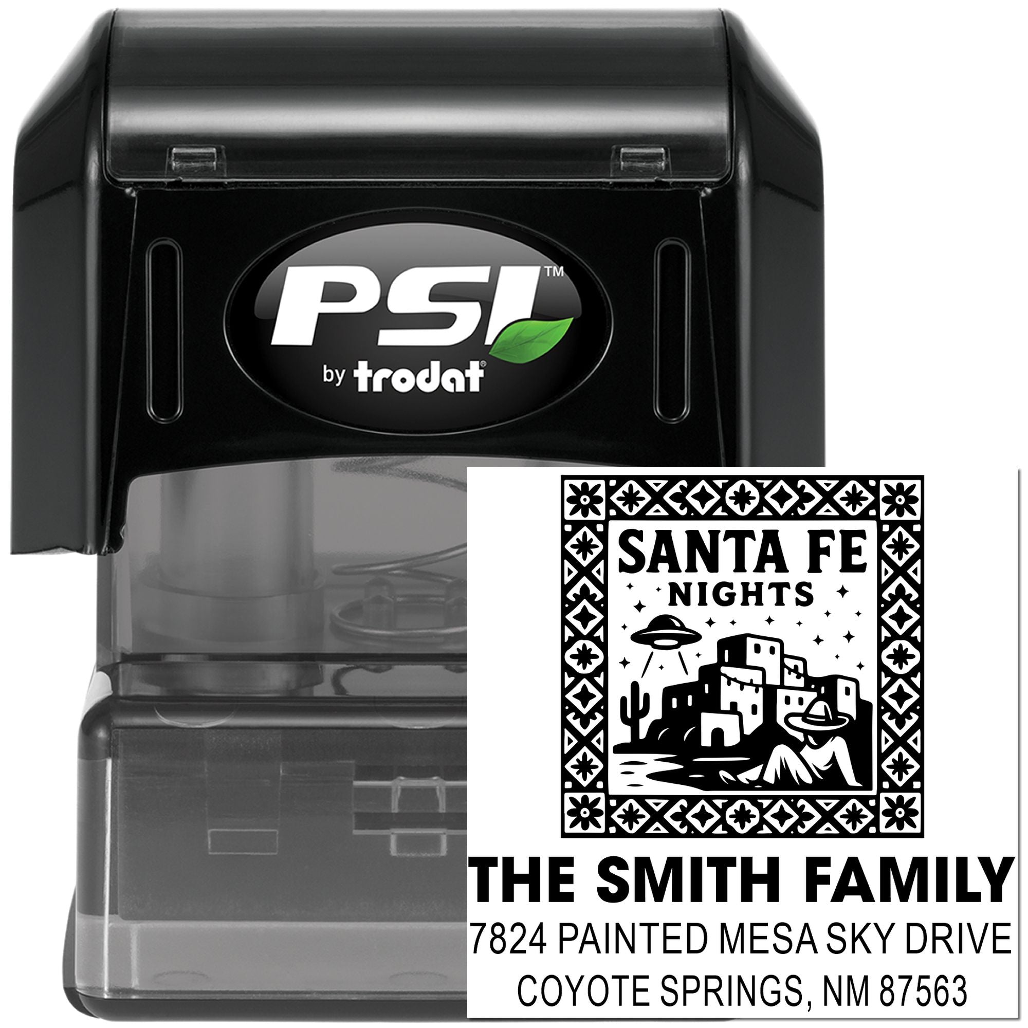 Custom self-inking rubber address stamp by PSI Trodat with Santa Fe Nights return address design for The Smith Family