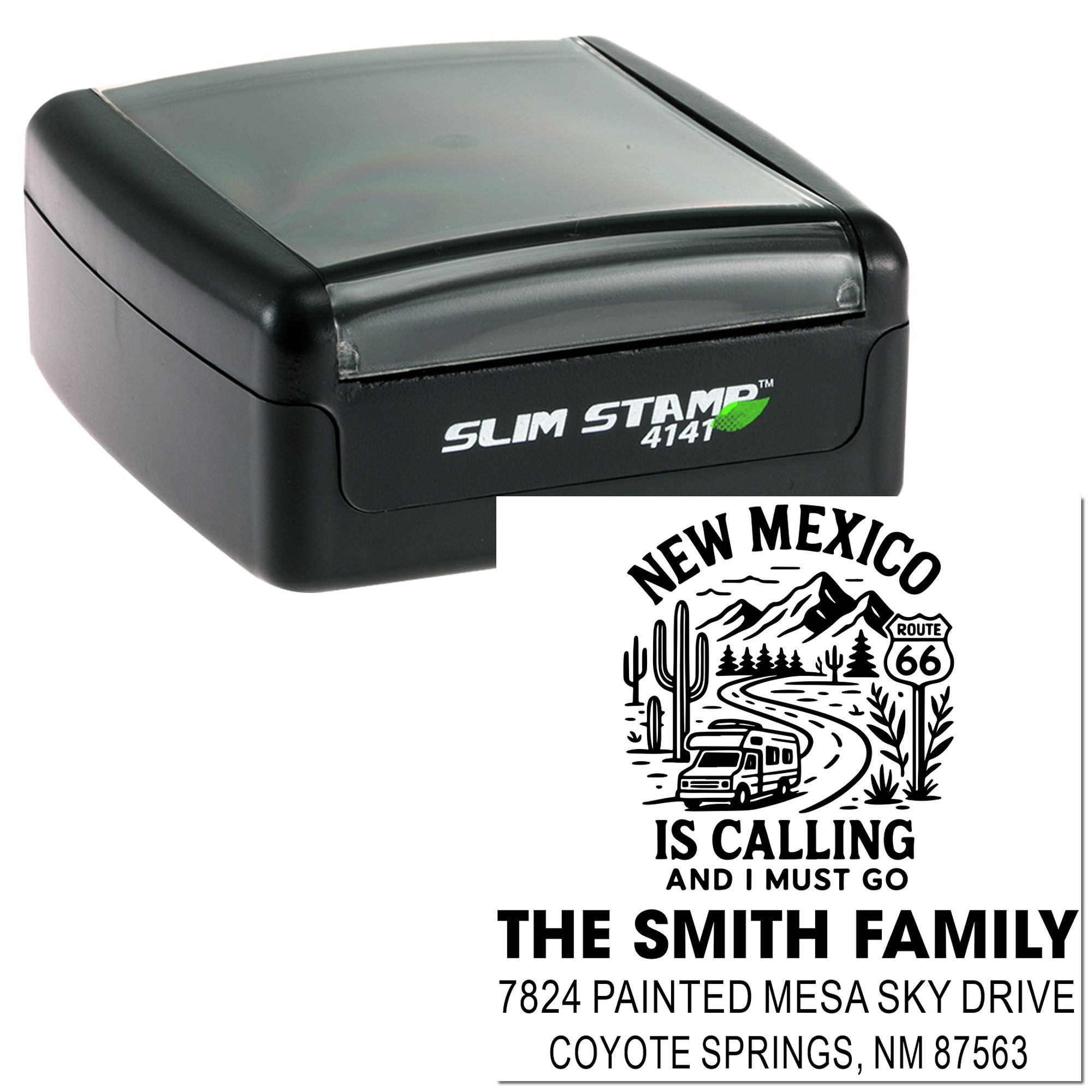Custom self-inking rubber stamp with New Mexico return address, family name, and personalized address design.