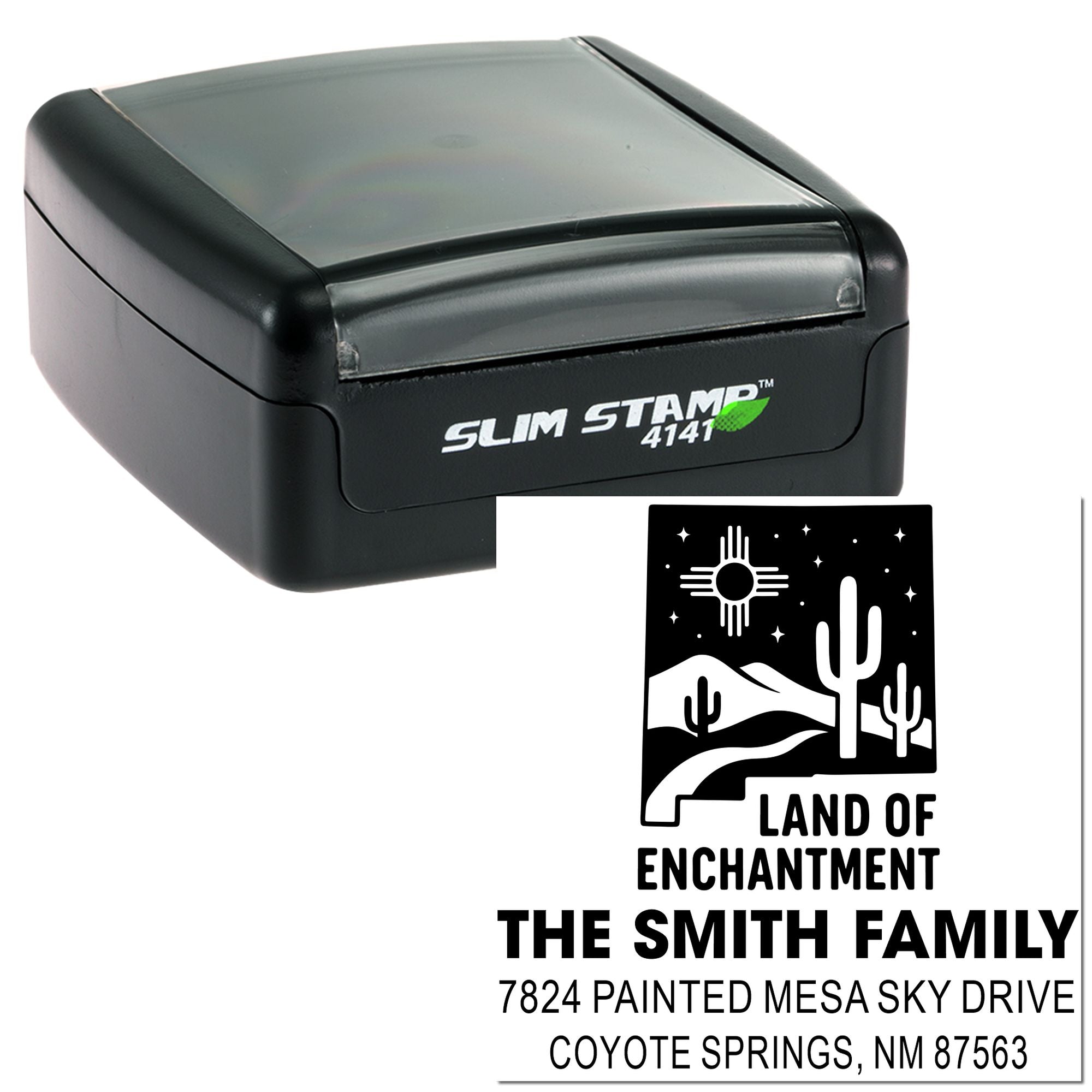 Custom self-inking rubber address stamp with New Mexico desert design for The Smith Family, Coyote Springs, NM.