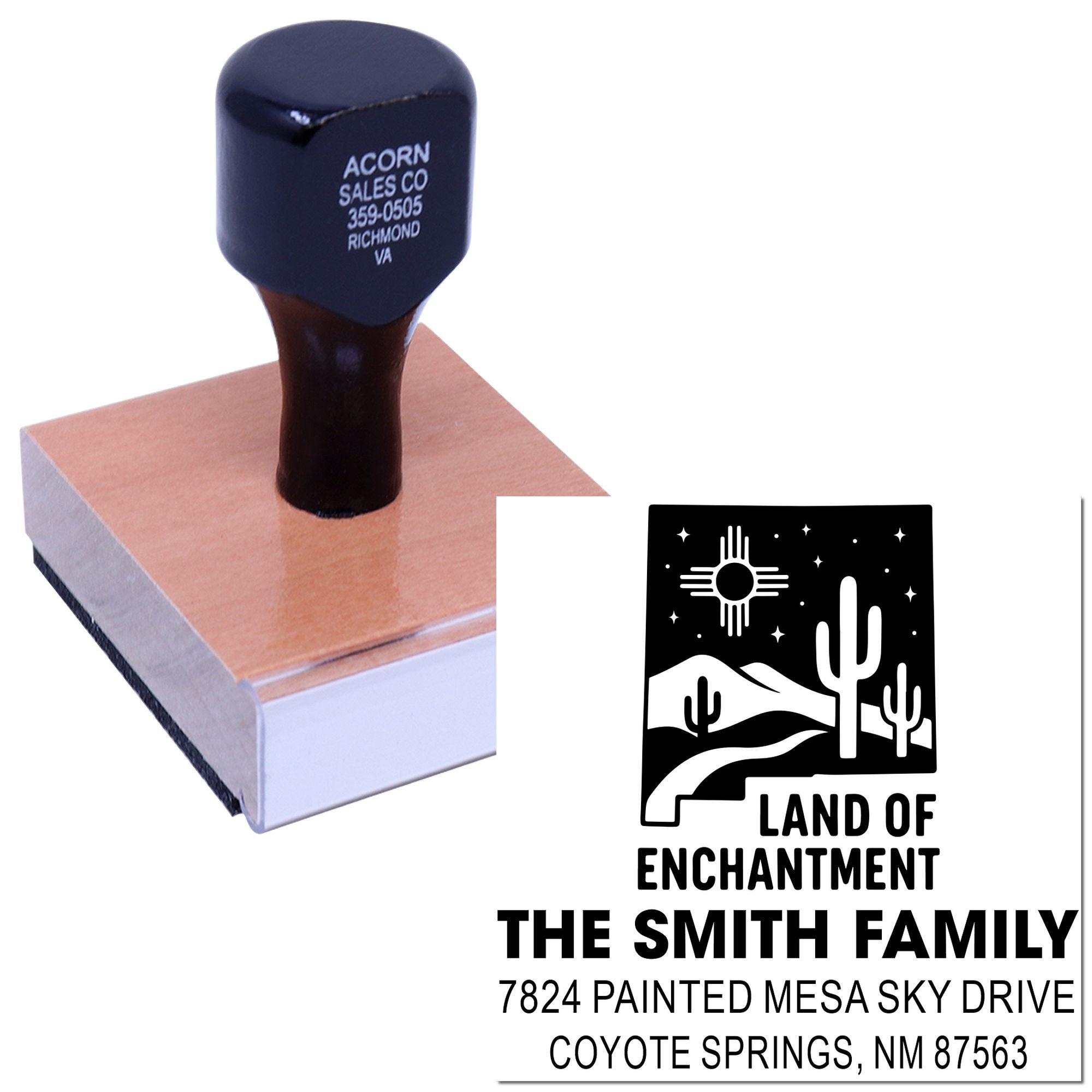 Custom self-inking rubber address stamp with Southwest family return address design for envelopes and mailings.