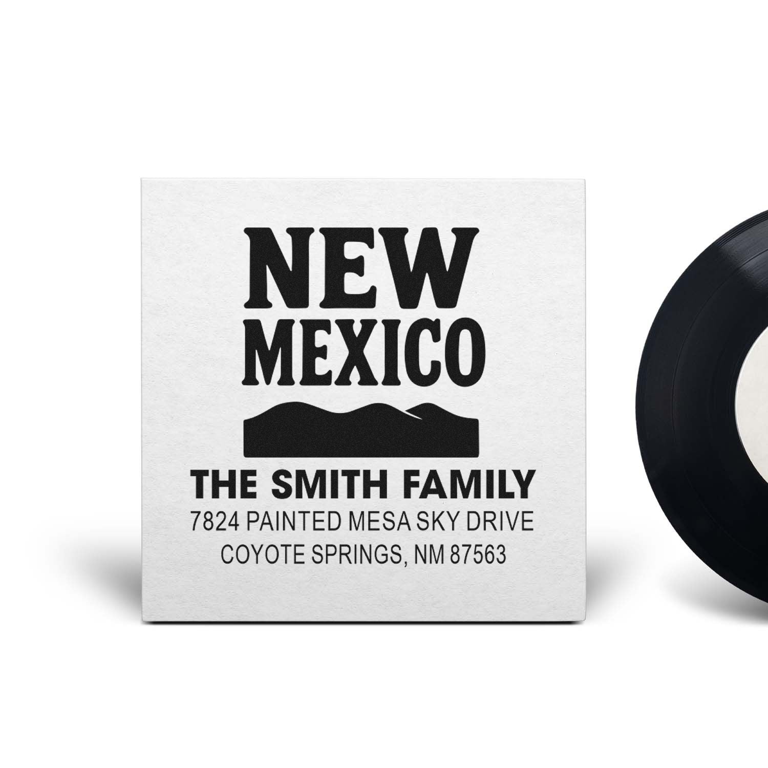 Custom New Mexico return address rubber stamp for The Smith Family, 7824 Painted Mesa Sky Drive, Coyote Springs, NM 87563