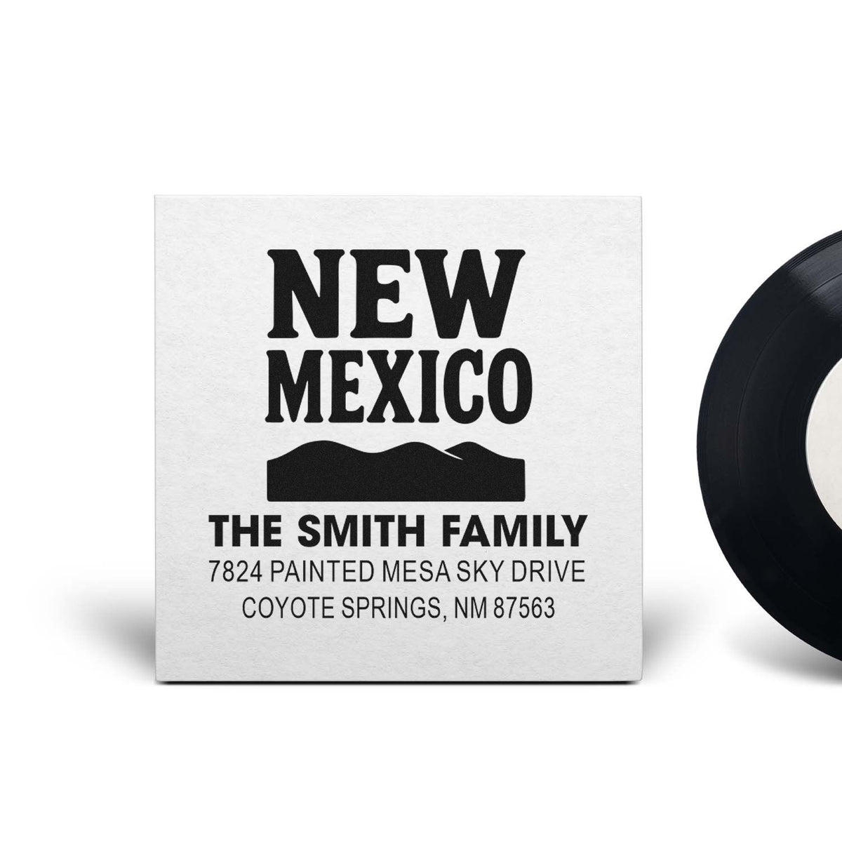 Custom New Mexico return address rubber stamp for The Smith Family, Coyote Springs, NM personalized mailing stamp design