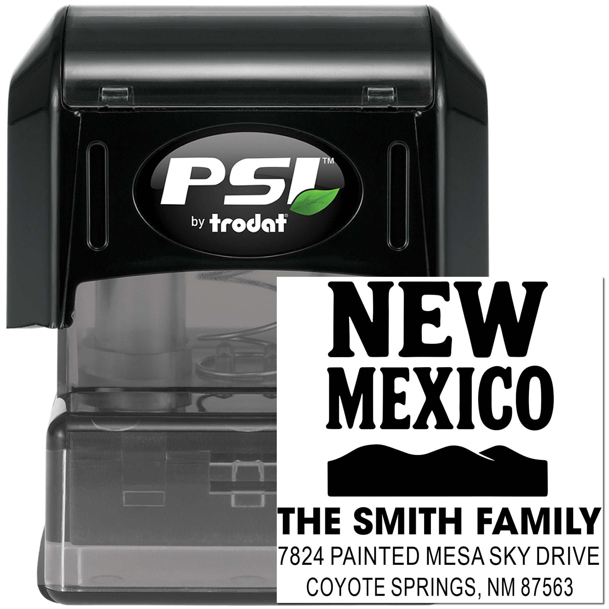 Custom New Mexico address rubber stamp for The Smith Family, self-inking PSI by Trodat.