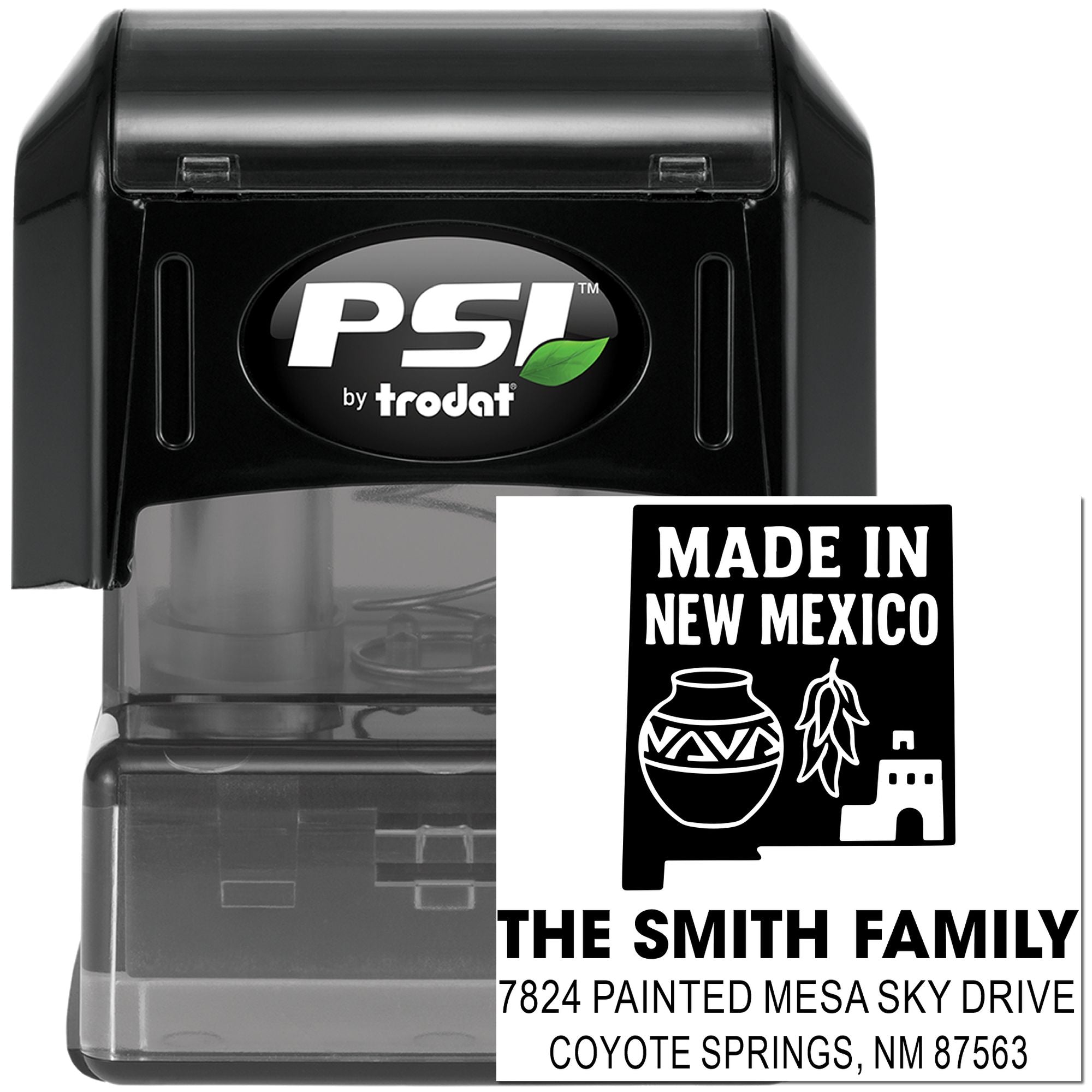 Custom self-inking rubber stamp with Made in New Mexico return address design for The Smith Family home mailing stamp.