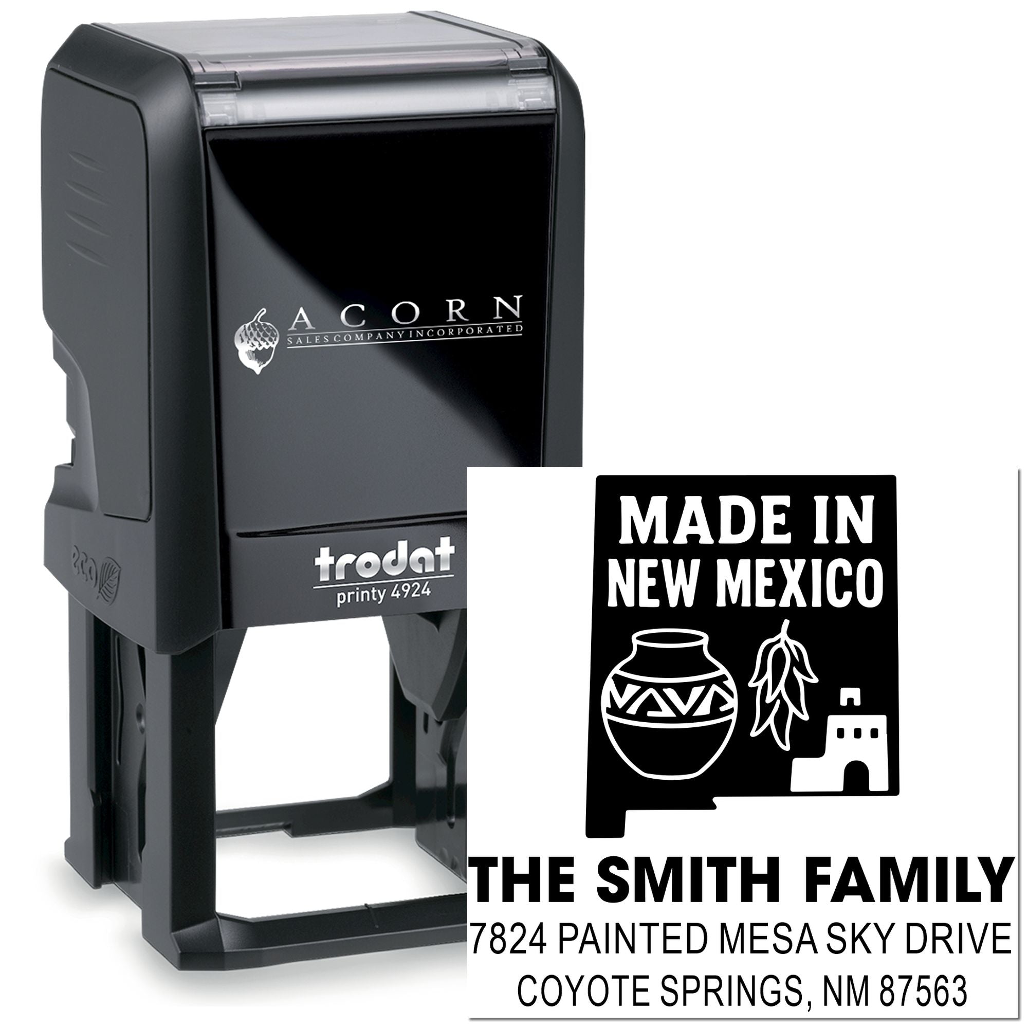 Custom self-inking rubber stamp with Made in New Mexico design and family return address for mailing and branding.
