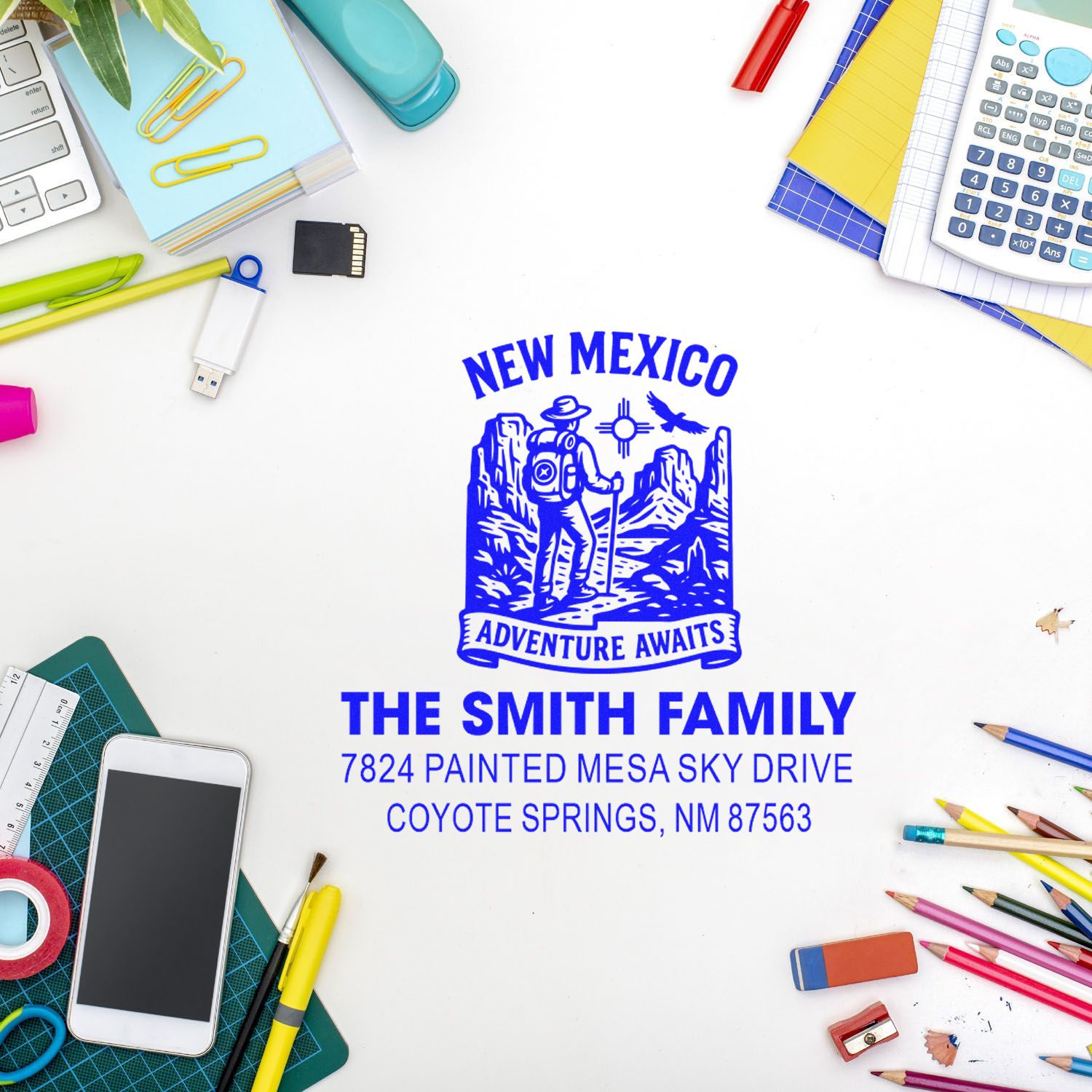 Custom New Mexico family return address rubber stamp with adventure design for personalized mailing and stationery.