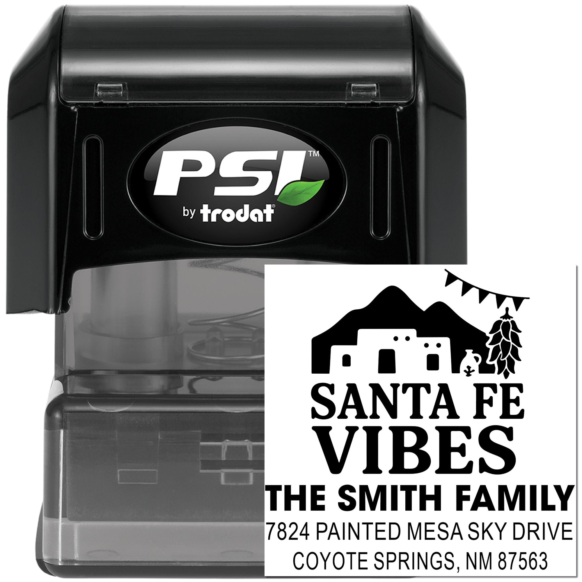PSI by Trodat custom rubber address stamp for The Smith Family with Santa Fe Vibes logo and mailing address.