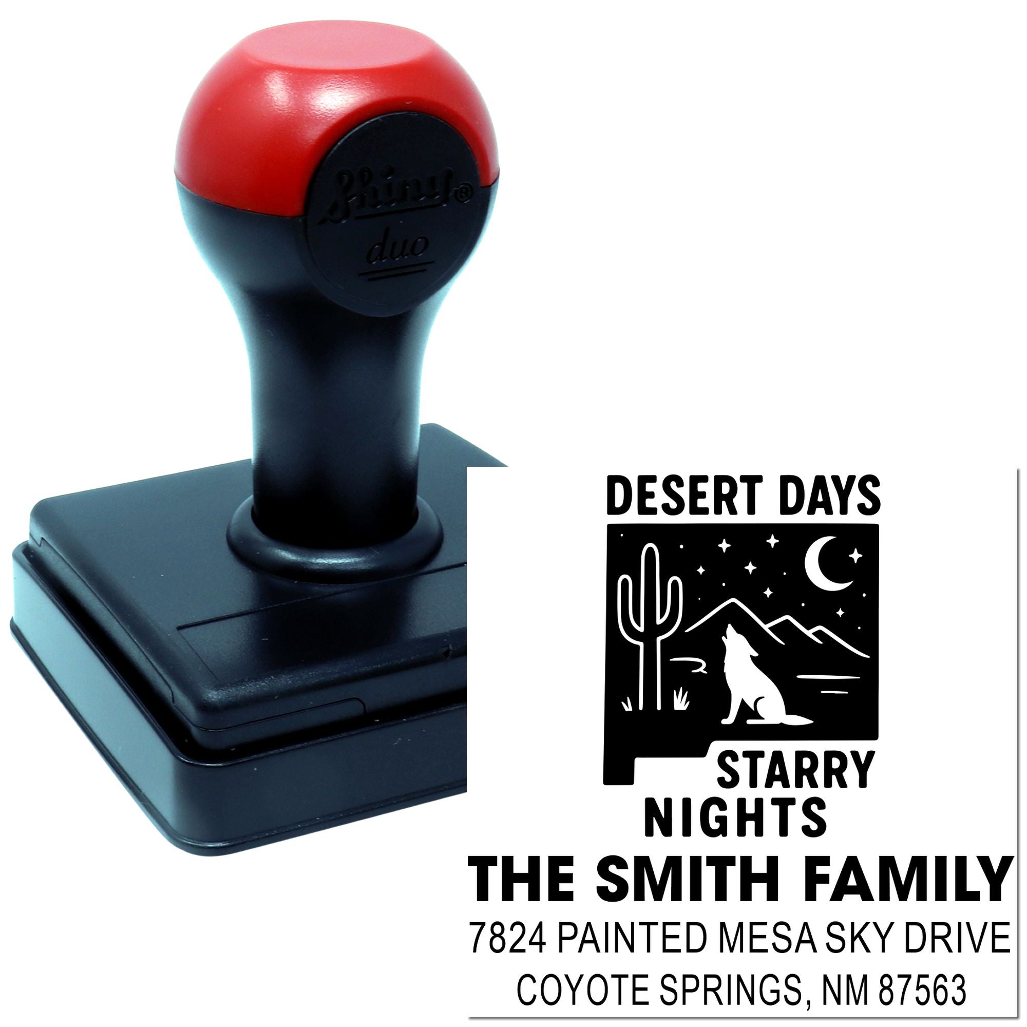 Custom self-inking rubber stamp with desert-themed return address design for The Smith Family.
