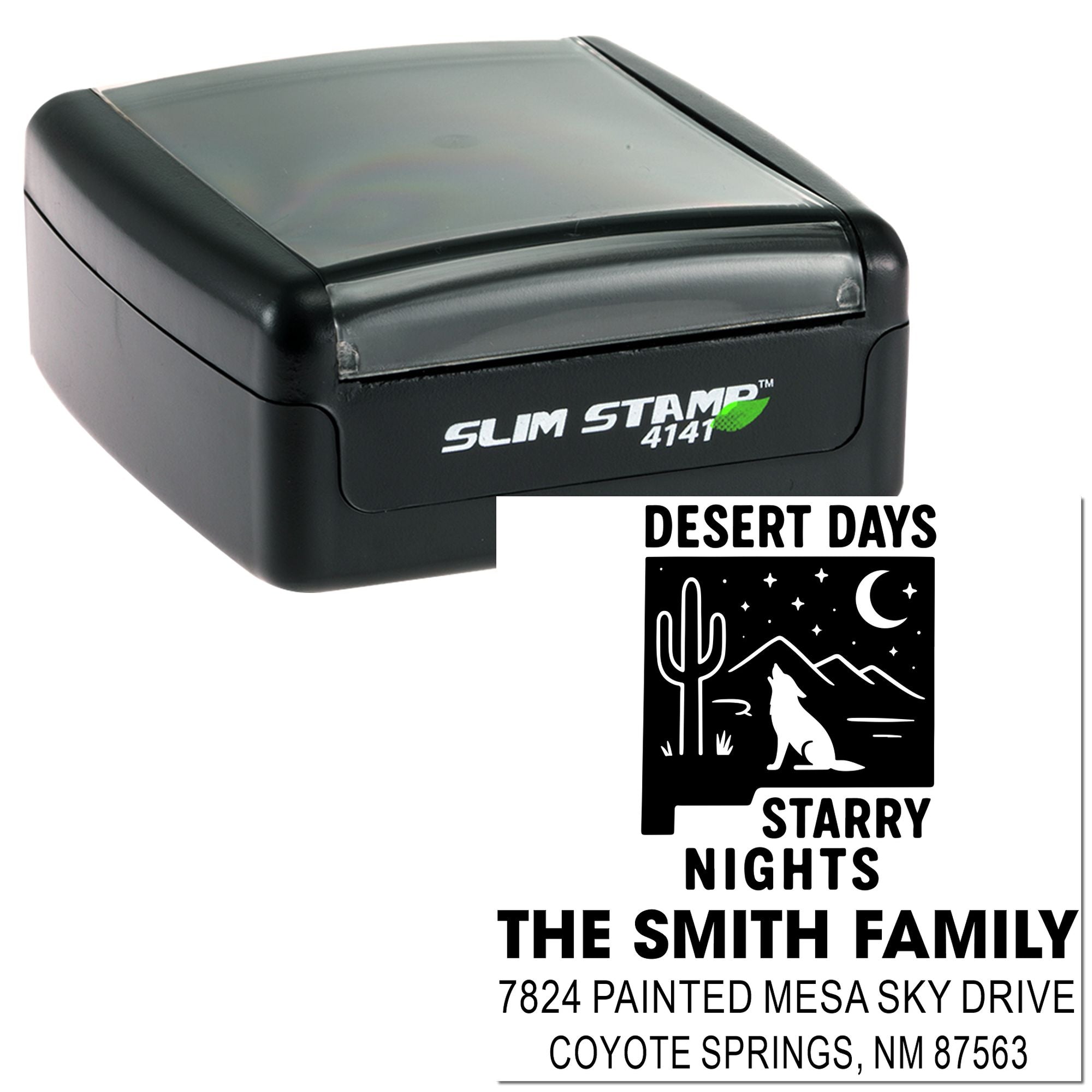 Custom self-inking rubber address stamp with desert coyote design for family mail and stationery.