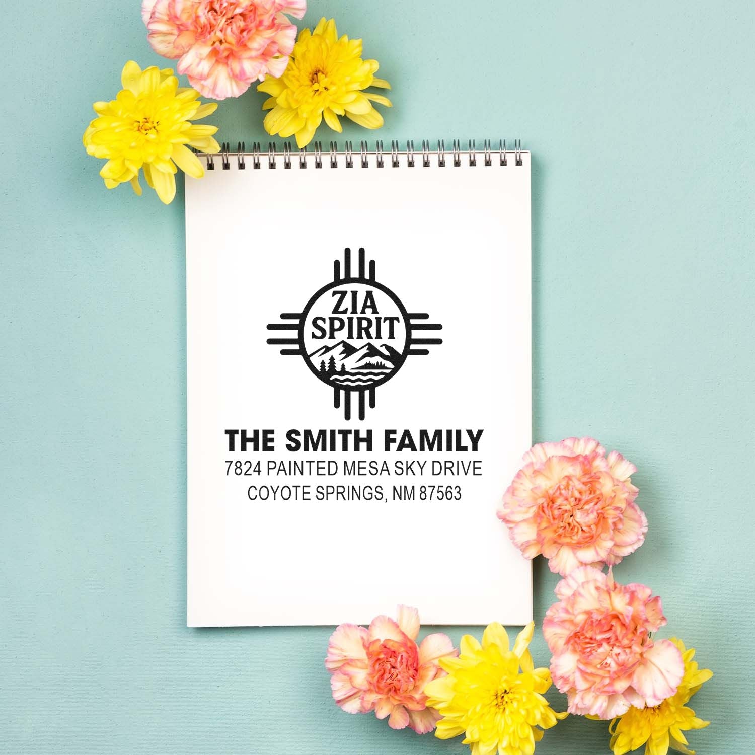 Custom Zia Spirit family return address rubber stamp with The Smith Family name and Coyote Springs, NM address