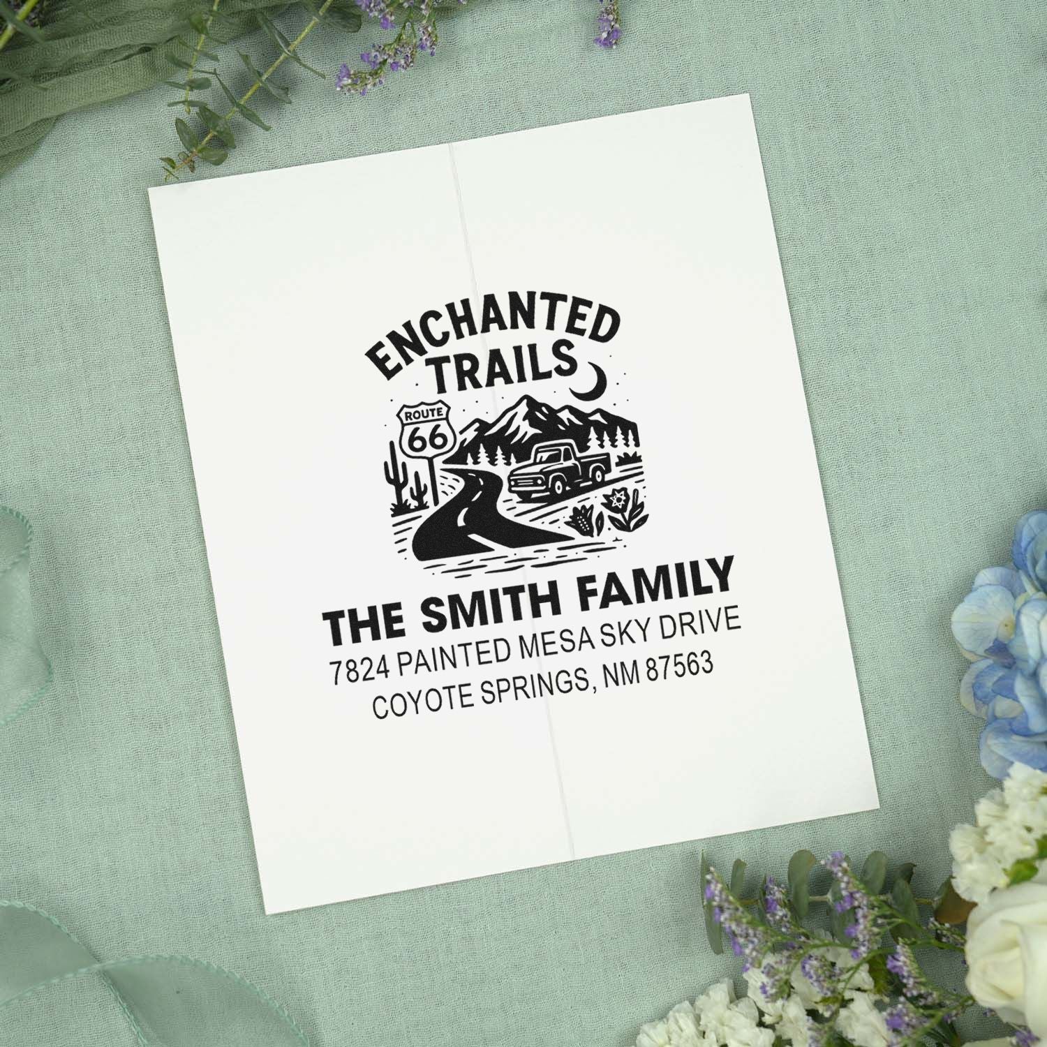 Custom family return address rubber stamp with Enchanted Trails mountain road design for The Smith Family in Coyote Springs, NM.