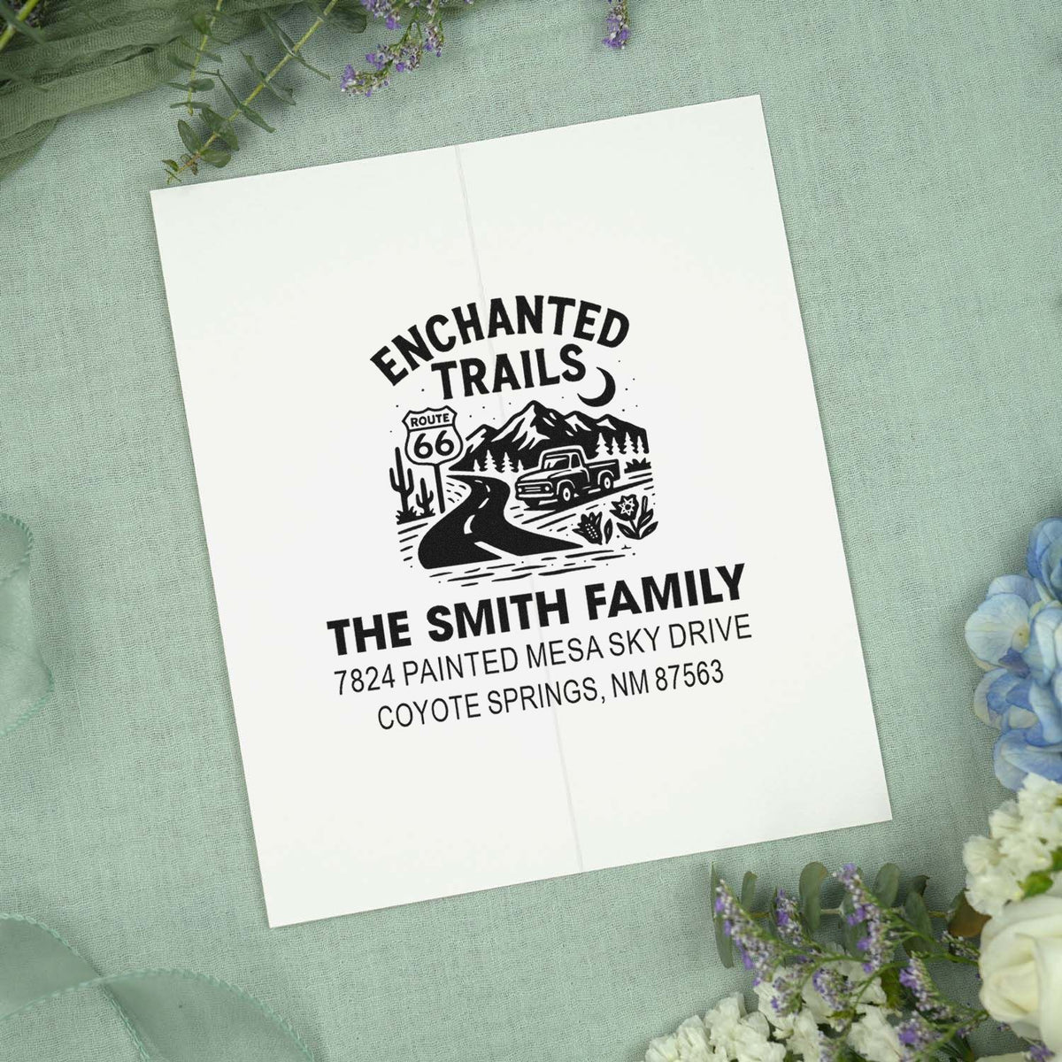 Personalized rubber stamp with Enchanted Trails Route 66 design and custom family address for stationery, invitations, or gifts.