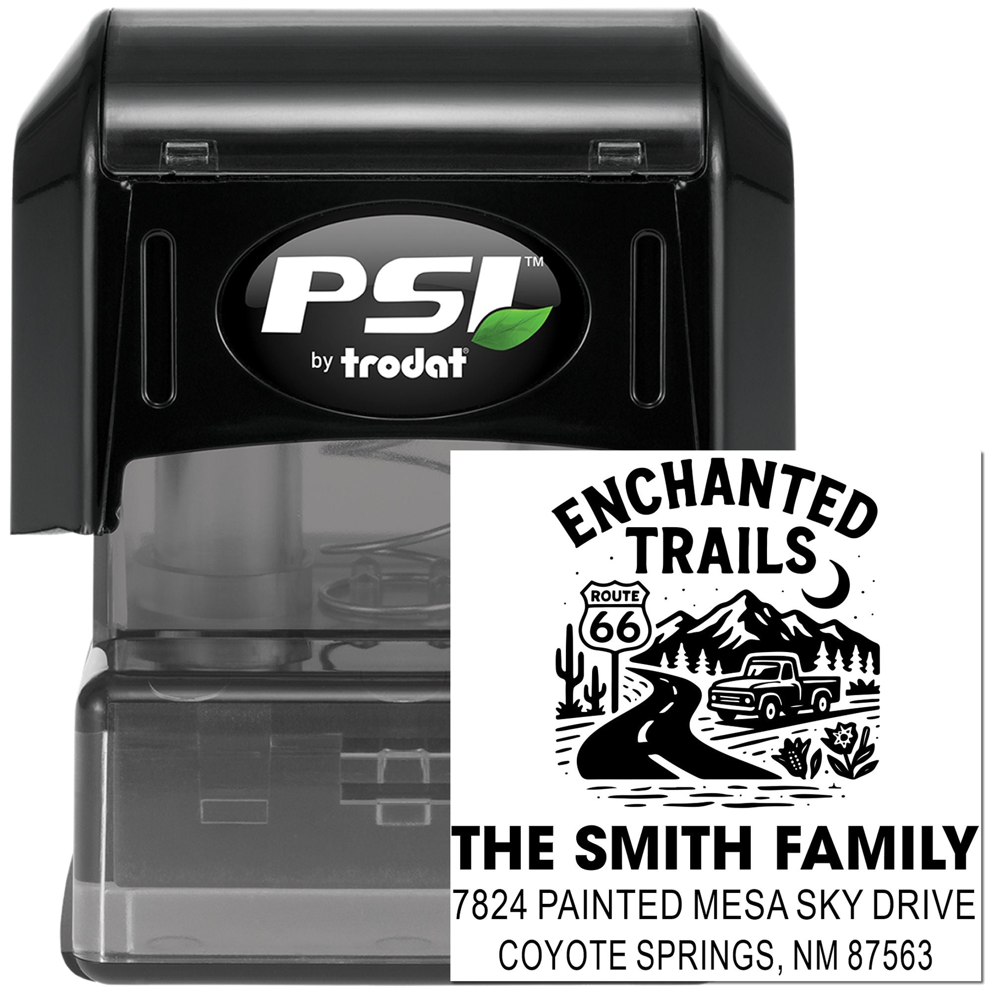 Custom family address rubber stamp with Enchanted Trails Route 66 artwork and return address for The Smith Family.