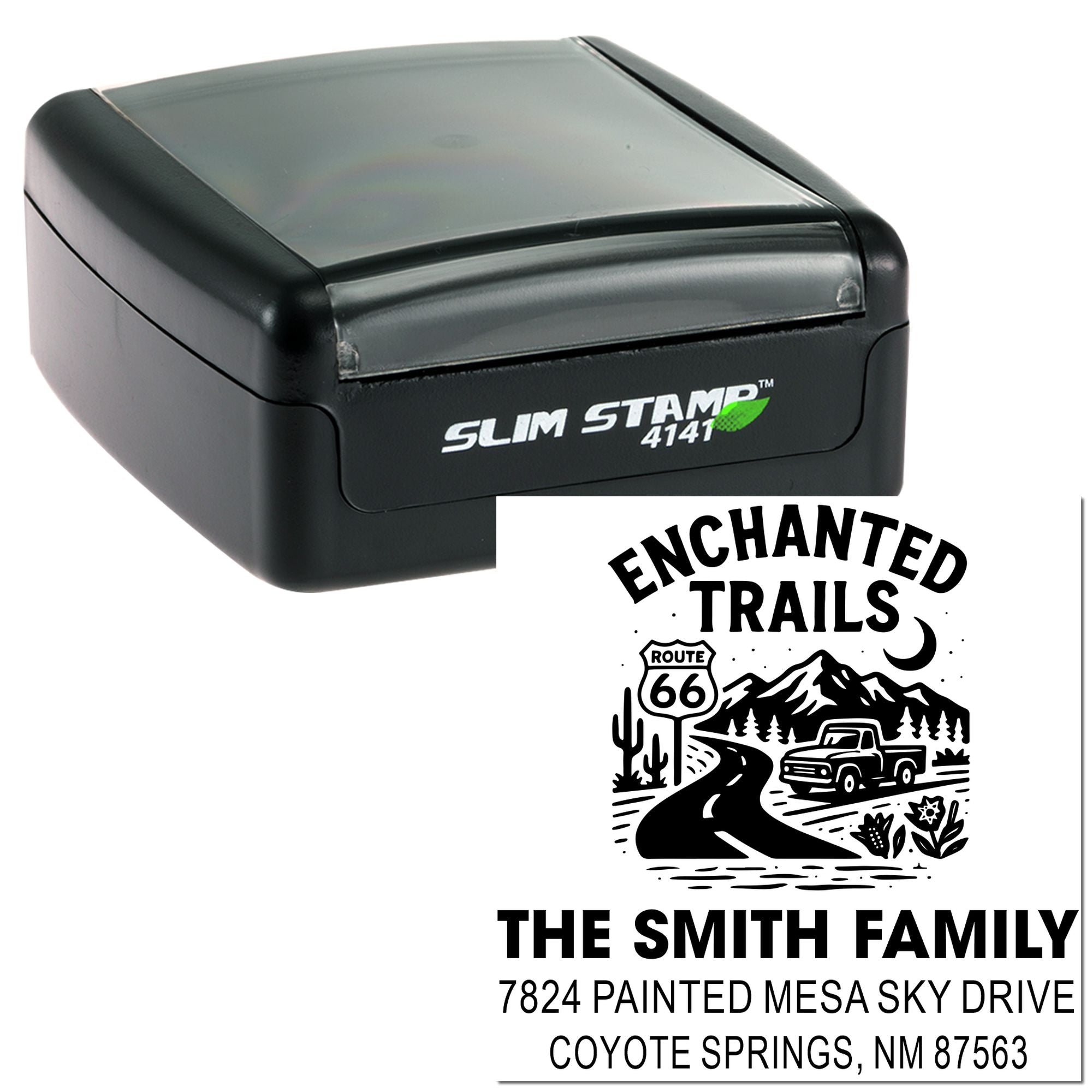 Slim Stamp 4141 self-inking rubber stamp with custom Enchanted Trails family address design for personalized mail.