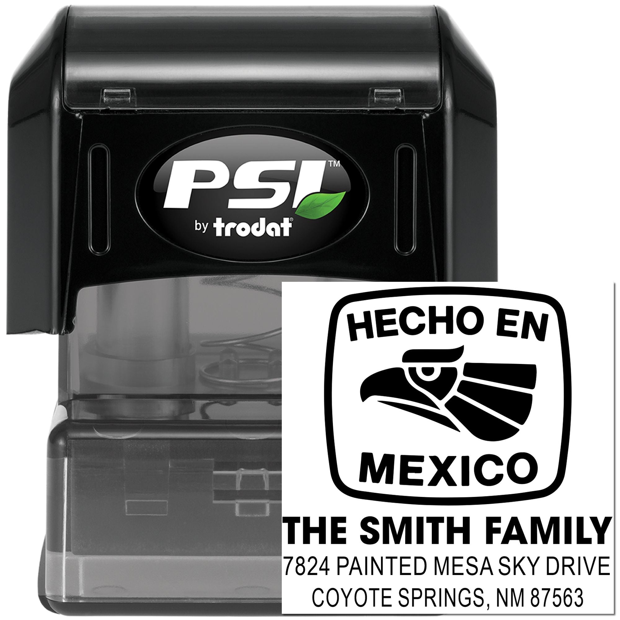 Self-inking PSI by Trodat custom return address rubber stamp with Hecho en Mexico family address design