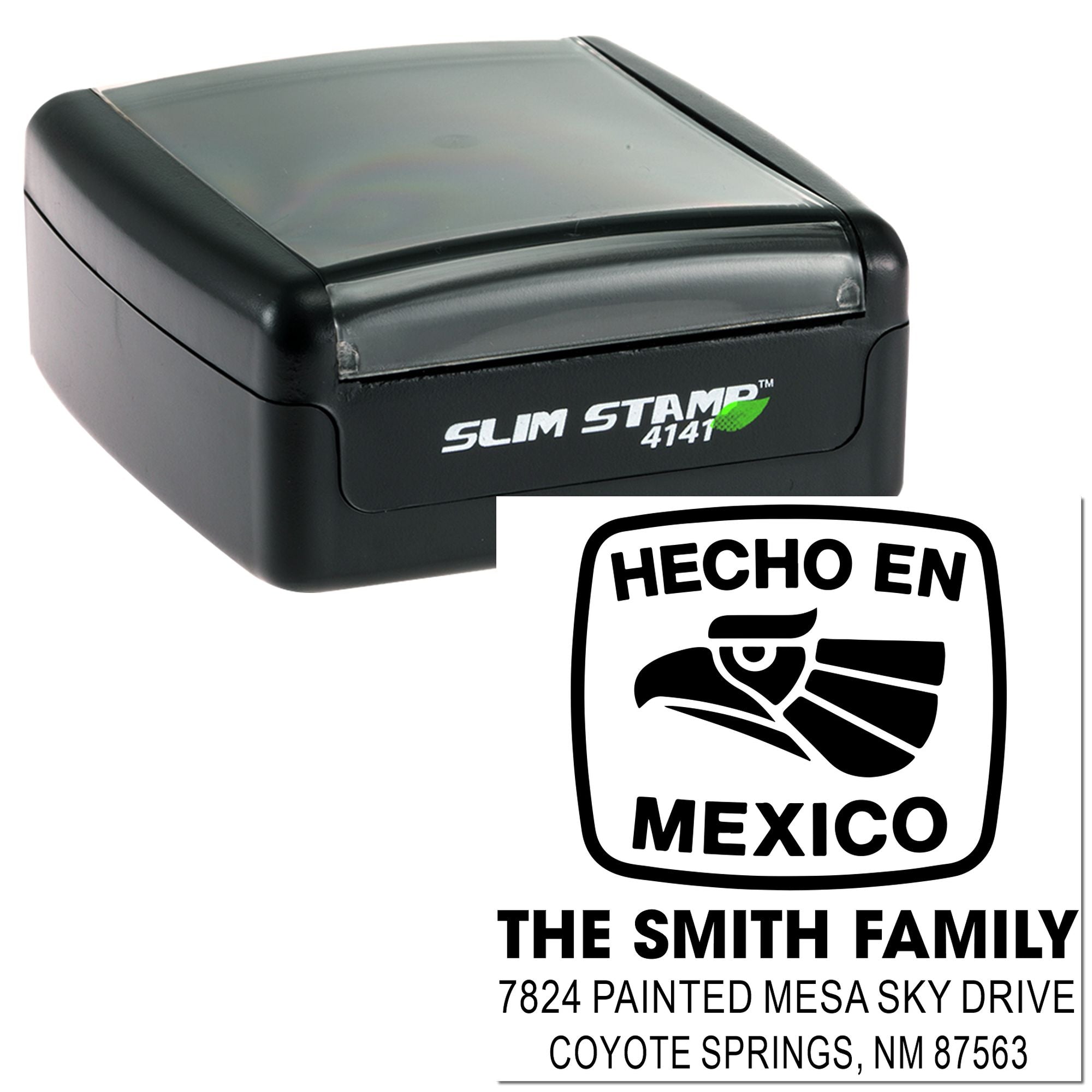 Self-inking rubber stamp with custom address imprint and Hecho en Mexico logo design for personalized mailing.