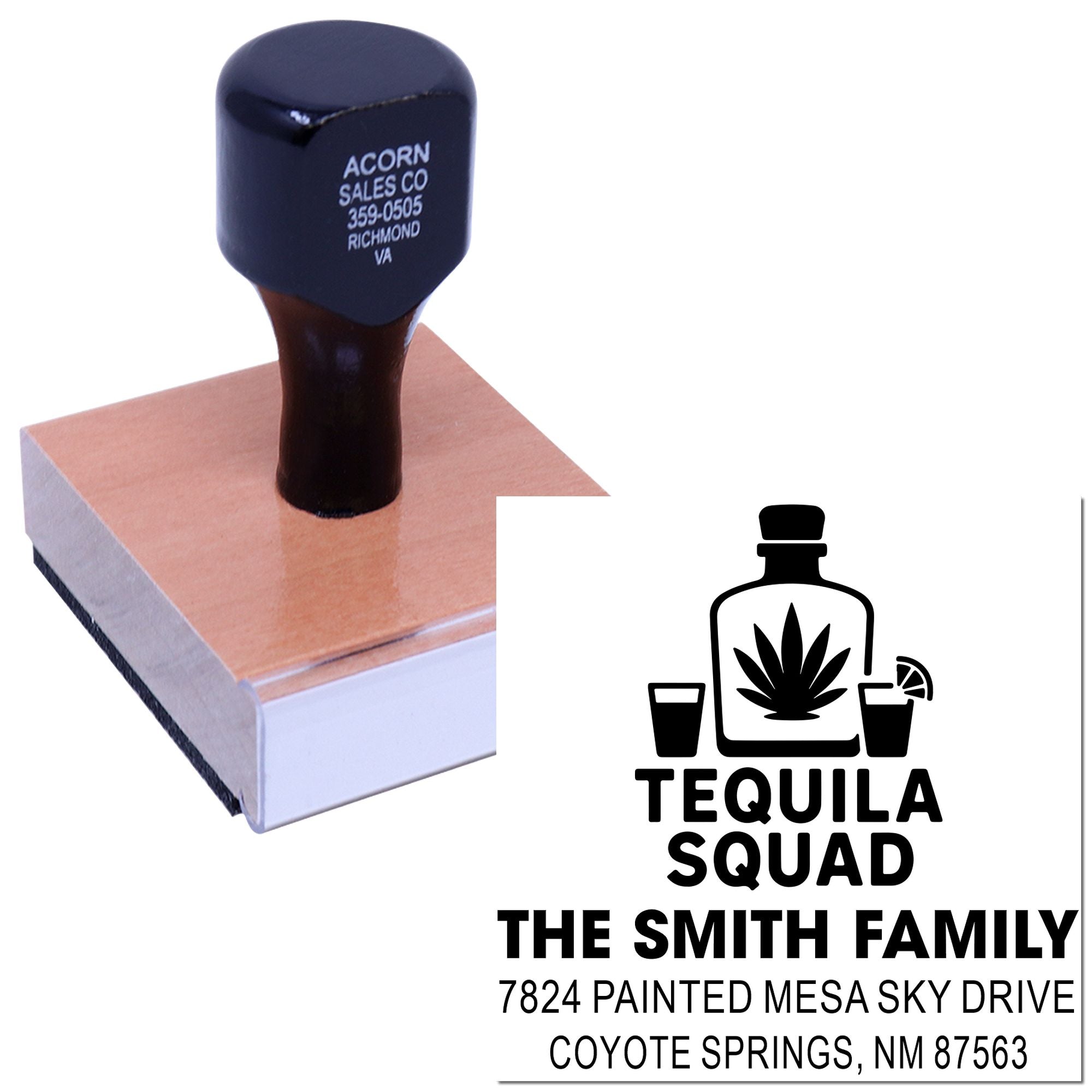 Custom rubber address stamp for Tequila Squad family mailings, party favors, and personalized packaging.