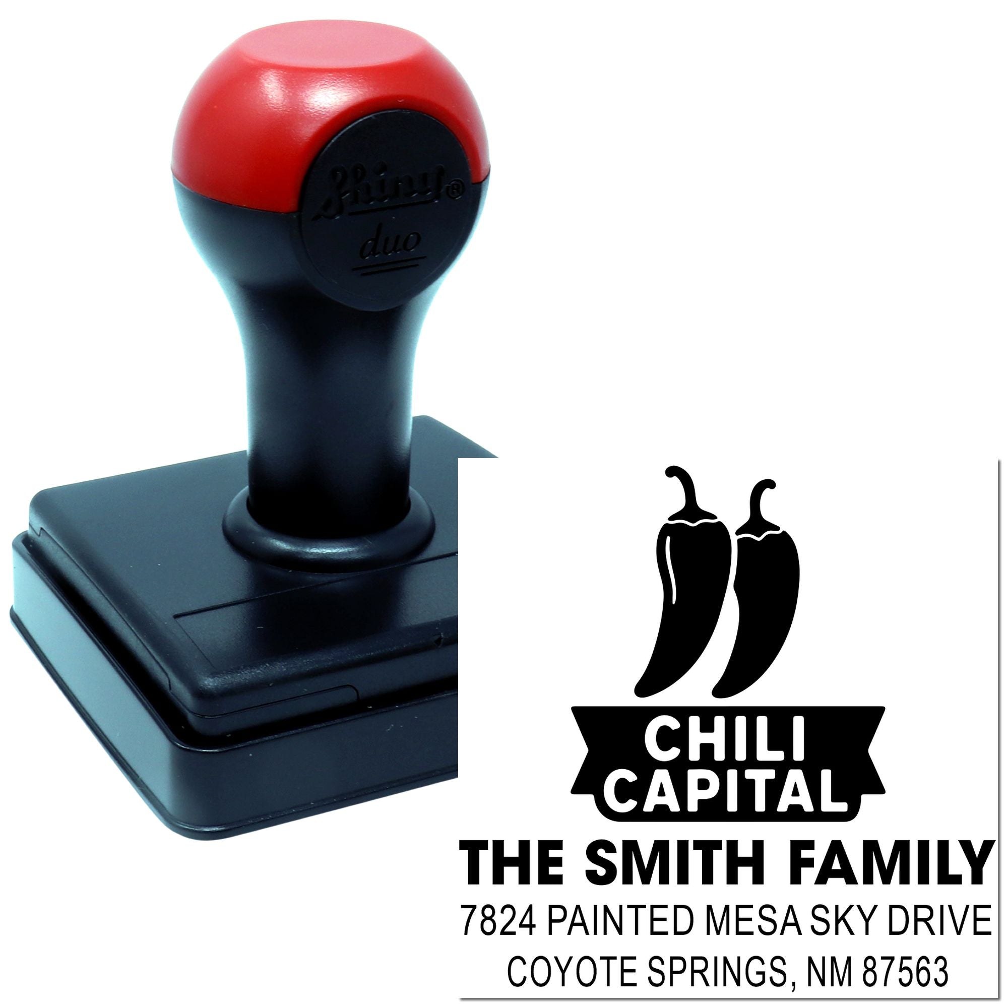 Custom self-inking rubber stamp with chili capital logo and Smith Family return address for Coyote Springs, NM.