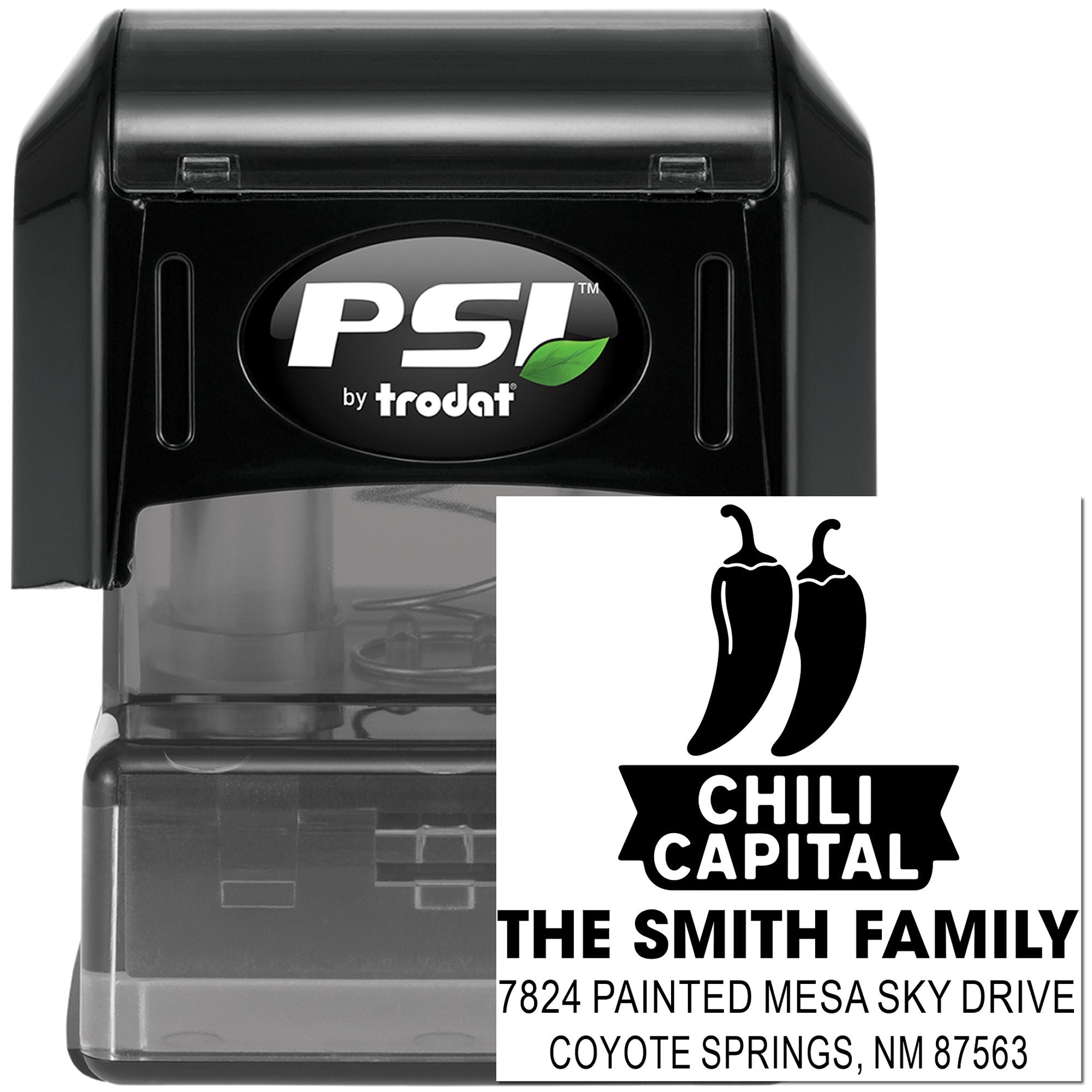 PSI by Trodat custom self-inking rubber stamp with Chili Capital family address imprint