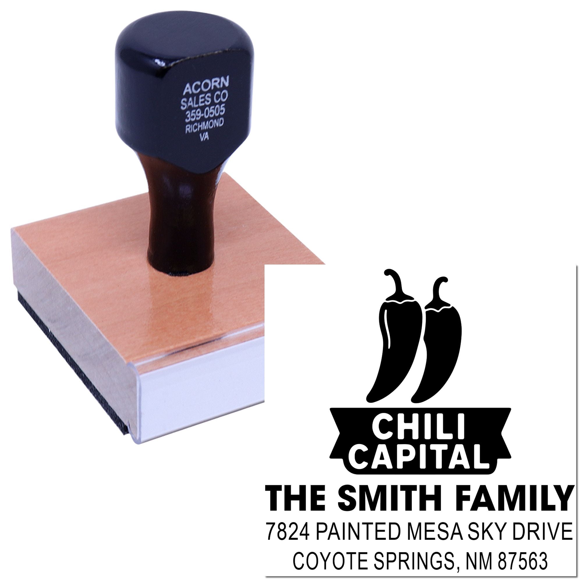 Custom rubber address stamp with chili pepper logo for The Smith Family, Coyote Springs, NM