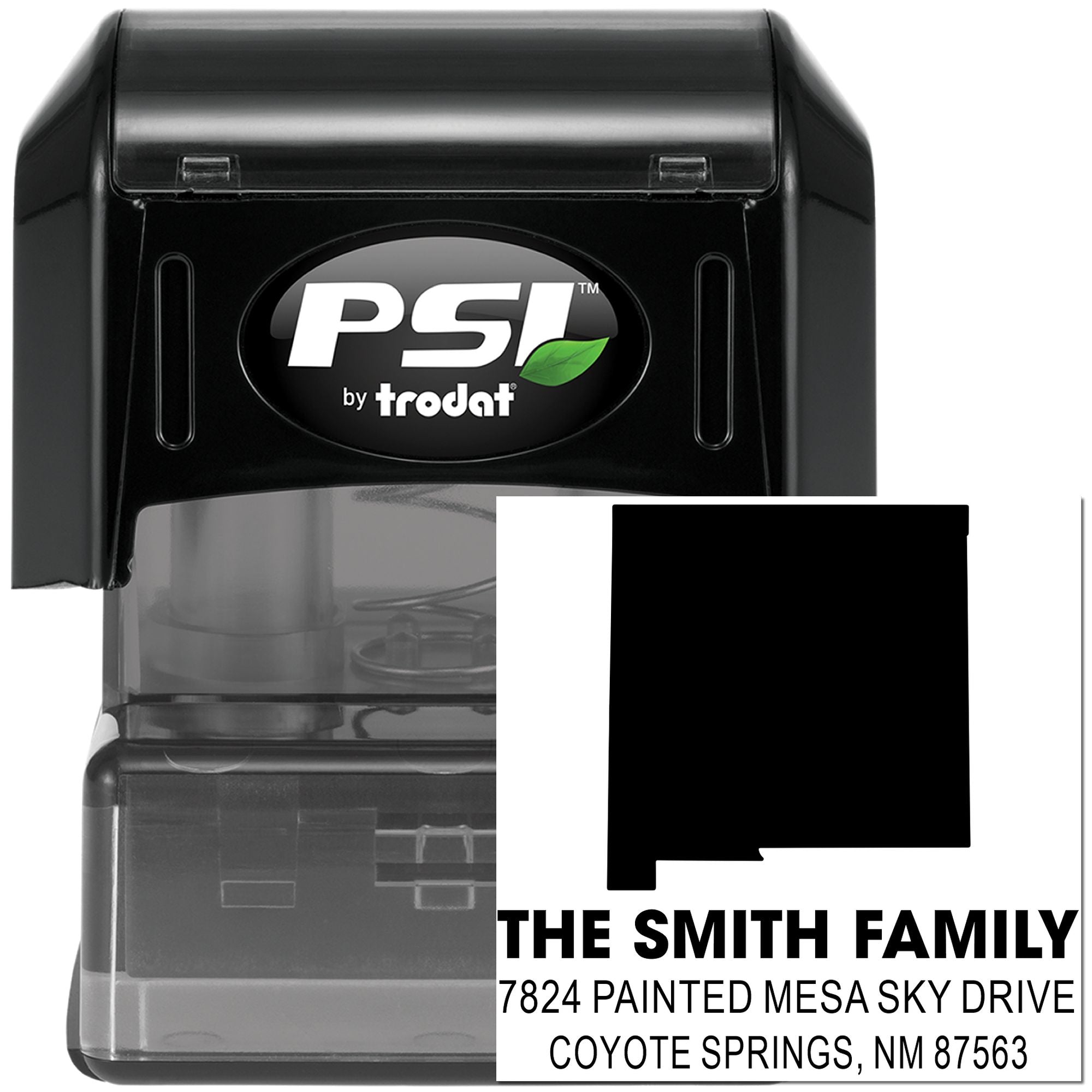 PSI by Trodat self-inking address rubber stamp with custom family name and return address imprint