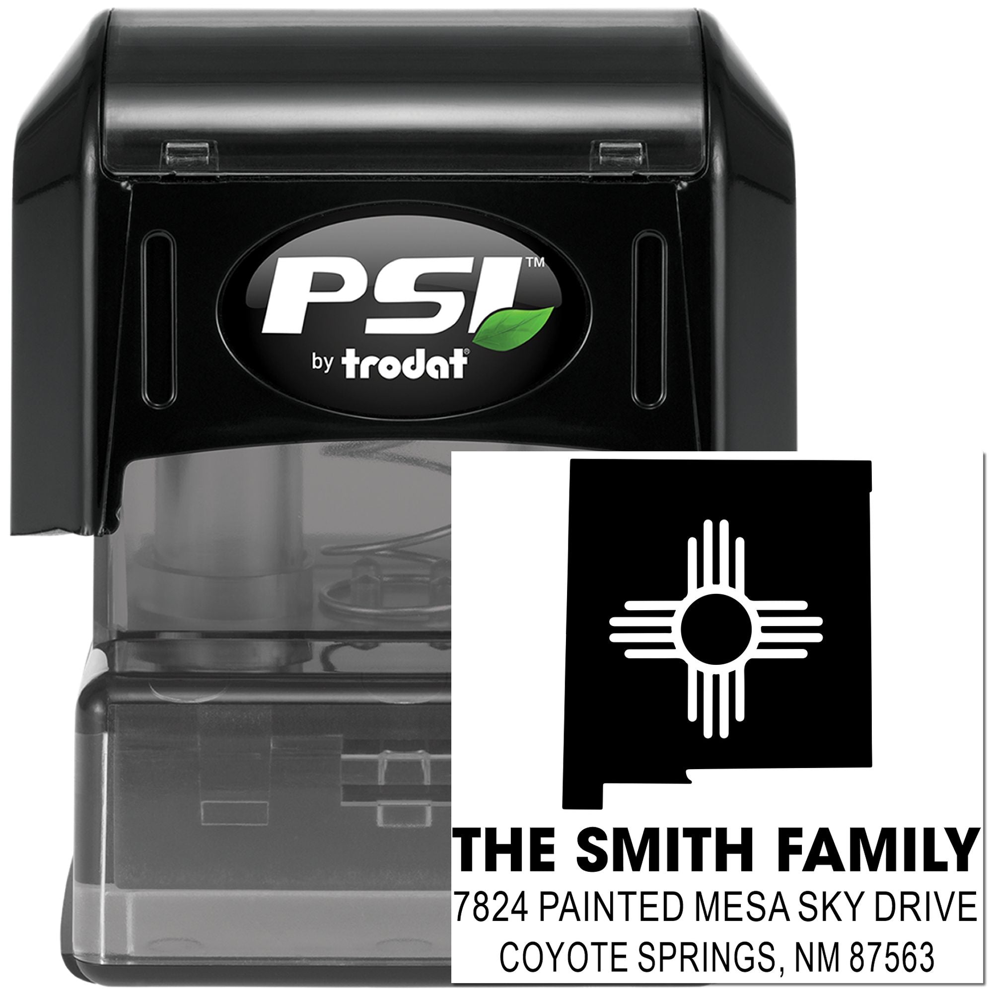 PSI by Trodat self-inking rubber stamp with custom return address imprint for The Smith Family in Coyote Springs, NM.