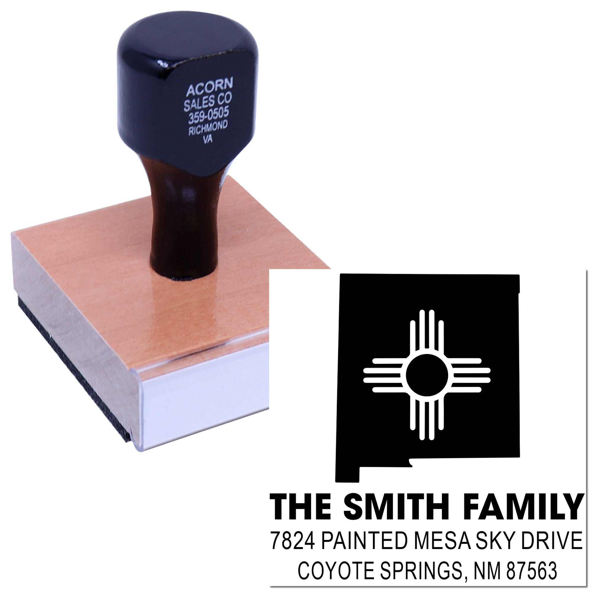 Custom rubber address stamp with New Mexico Zia symbol and family name imprint for personalized return addresses.