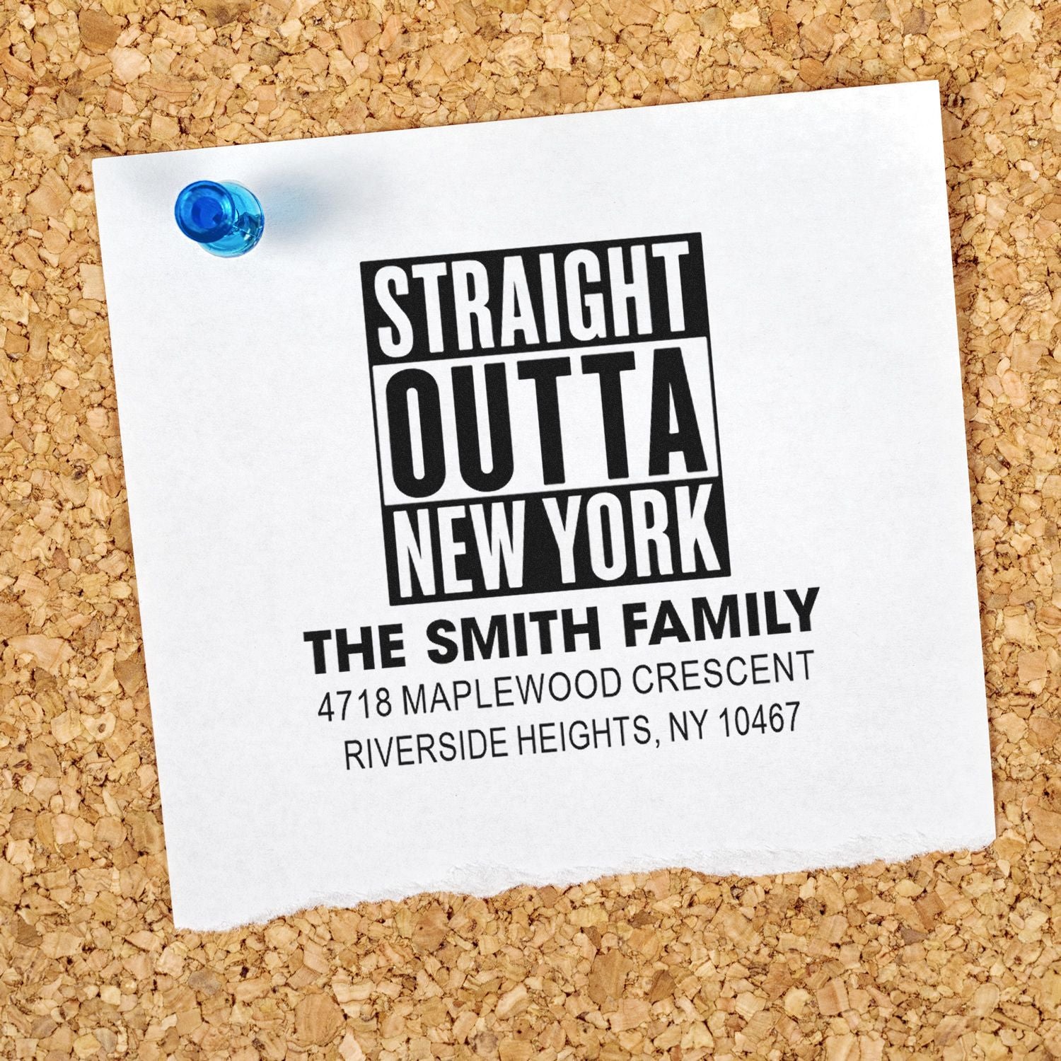 Personalized address rubber stamp sample with Straight Outta New York design for The Smith Family return address.