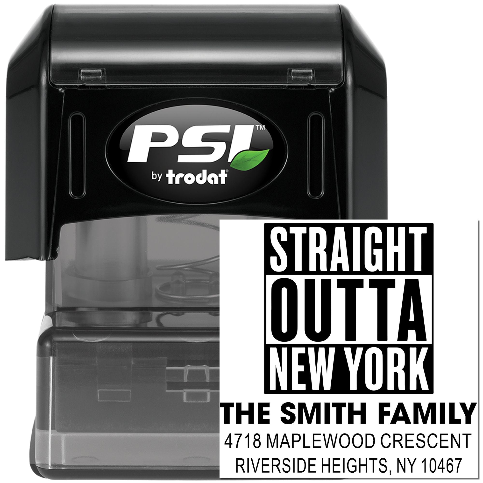 Custom self-inking rubber stamp by PSI Trodat with personalized return address imprint for family mail and crafts.