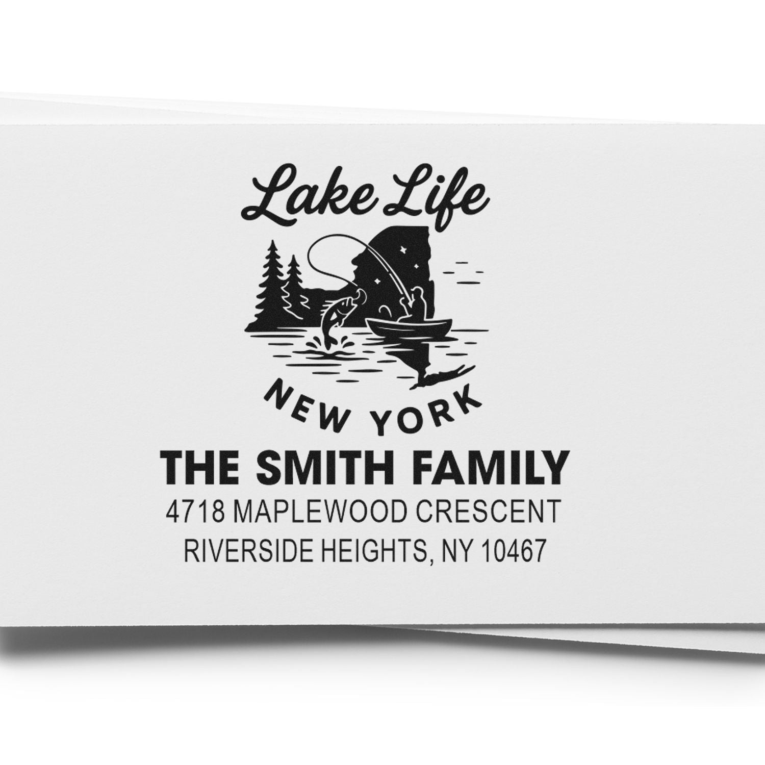 Personalized Lake Life return address rubber stamp for The Smith Family, featuring fishing and New York cabin design.