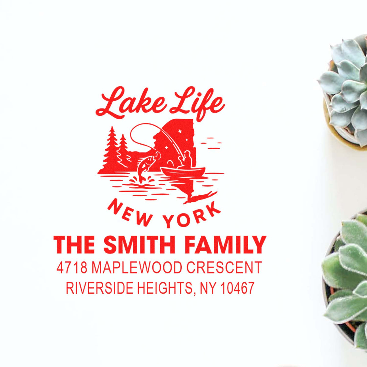 Custom Lake Life New York address rubber stamp for The Smith Family, featuring a fishing and lake scene design.