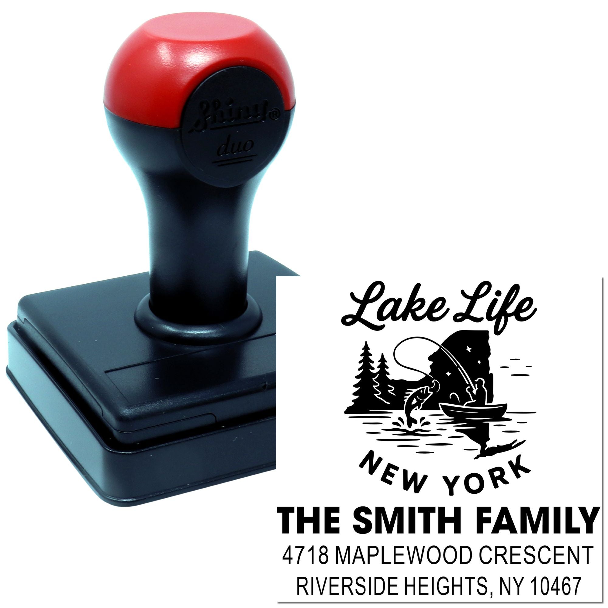 Custom self-inking rubber stamp with Lake Life New York family address design for personalized mailing.