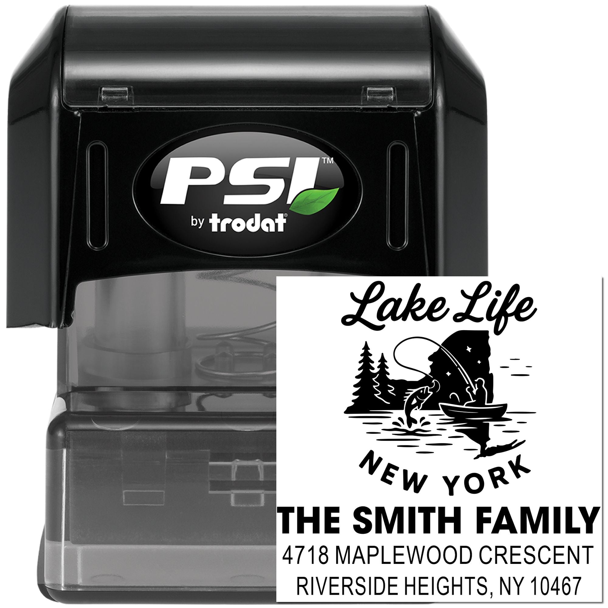 Custom self-inking rubber address stamp with Lake Life New York fishing design and family return address.