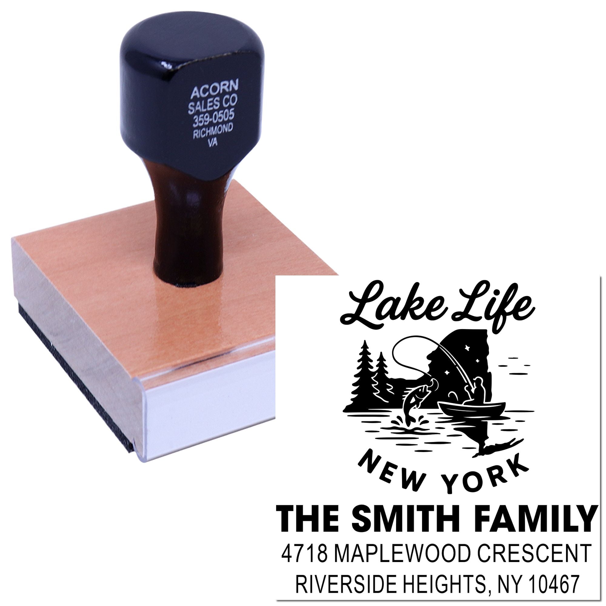 Custom self-inking rubber stamp with Lake Life New York return address design for personalized mailing.