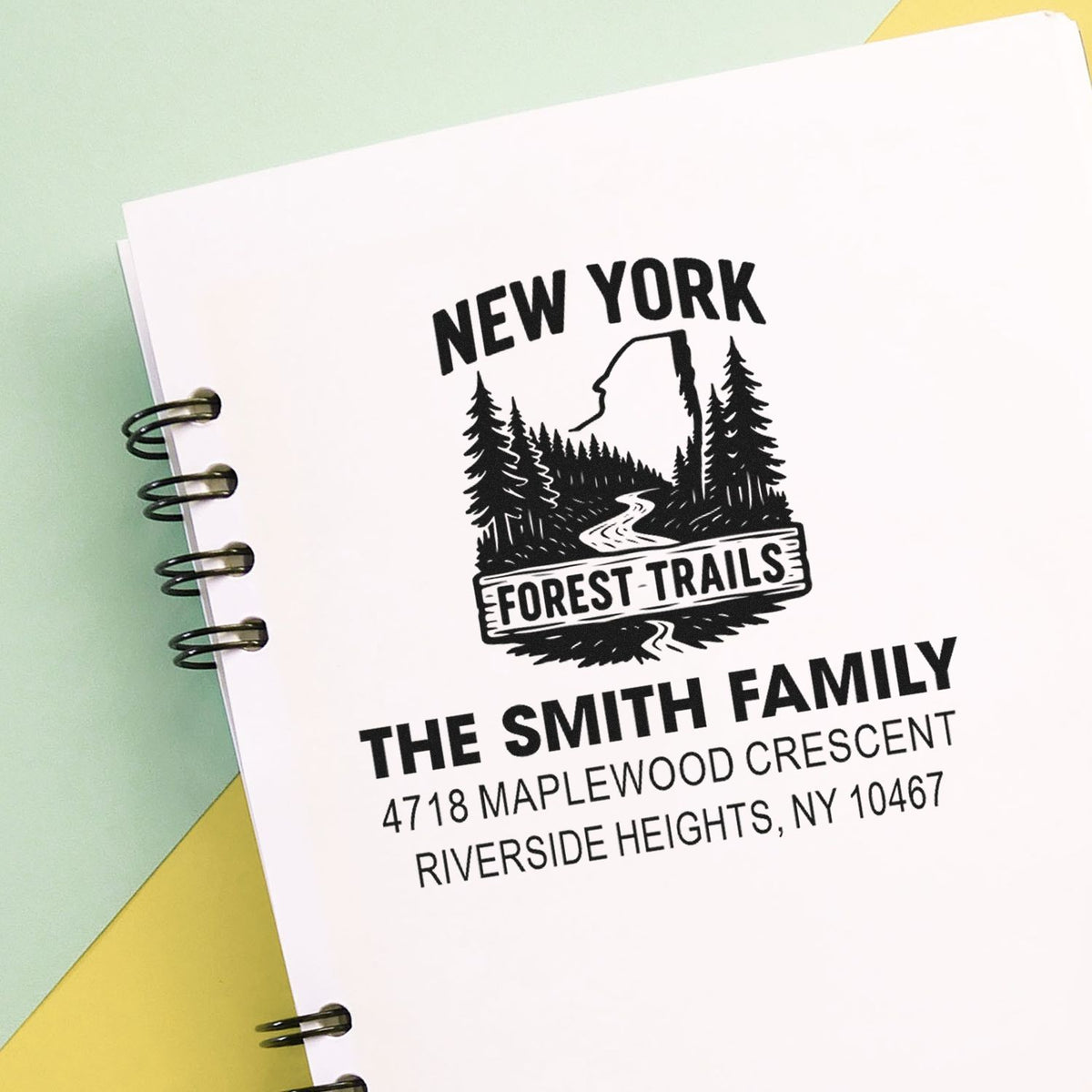 Custom New York forest trails address rubber stamp for The Smith Family, with personalized name and mailing address.